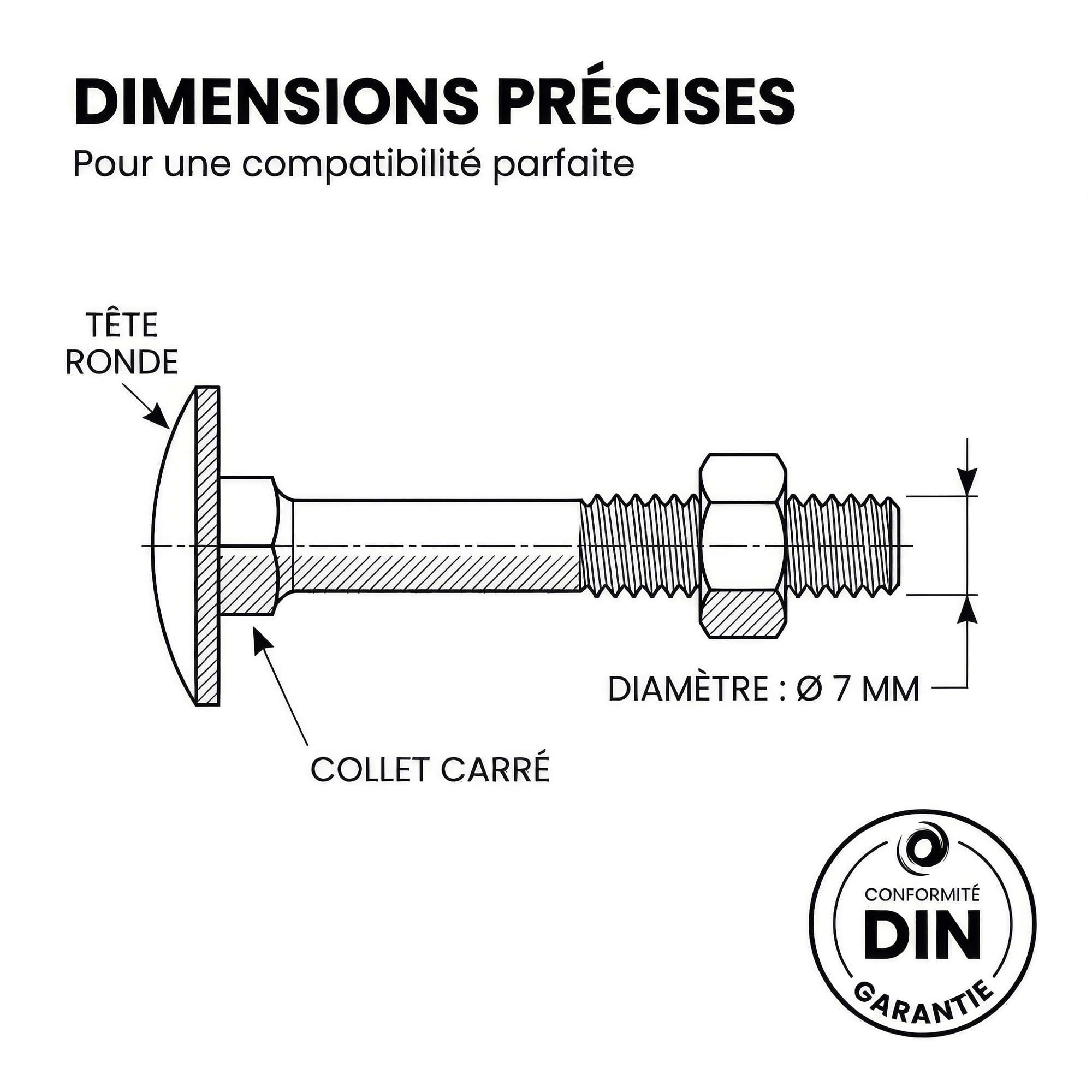 200 Boulons tête ronde collet carré DIN603/555 acier zingués Noir diamètre 7,0 mm - Longueur 40 mm