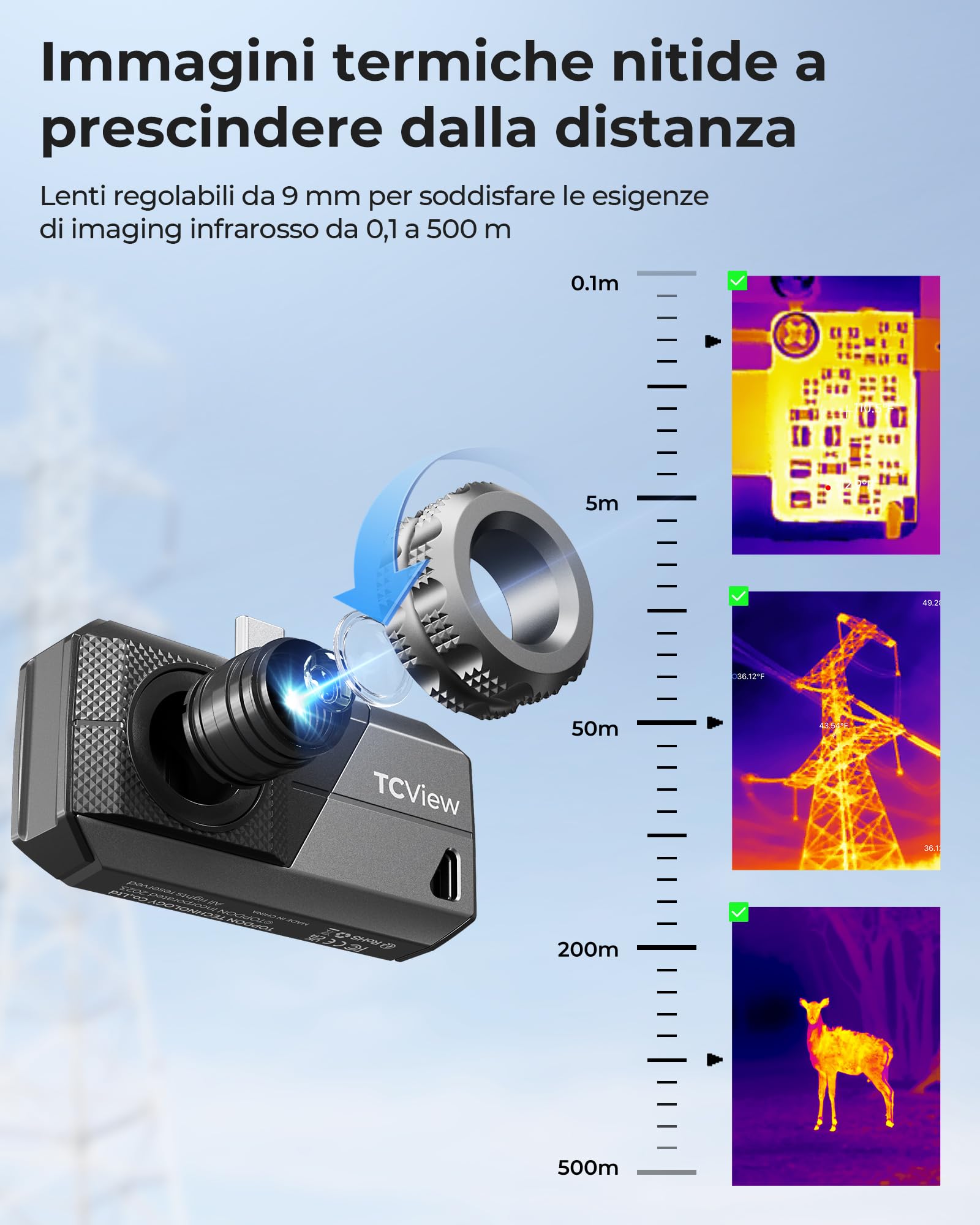 TOPDON Termocamera TS001 per Android, lente regolabile da 9mm, campo di osservazione da 0,1 a 500 metri, 512 x 384 IR, 25Hz, Termocamera con messa a fuoco manuale per applicazioni elettriche, esterni