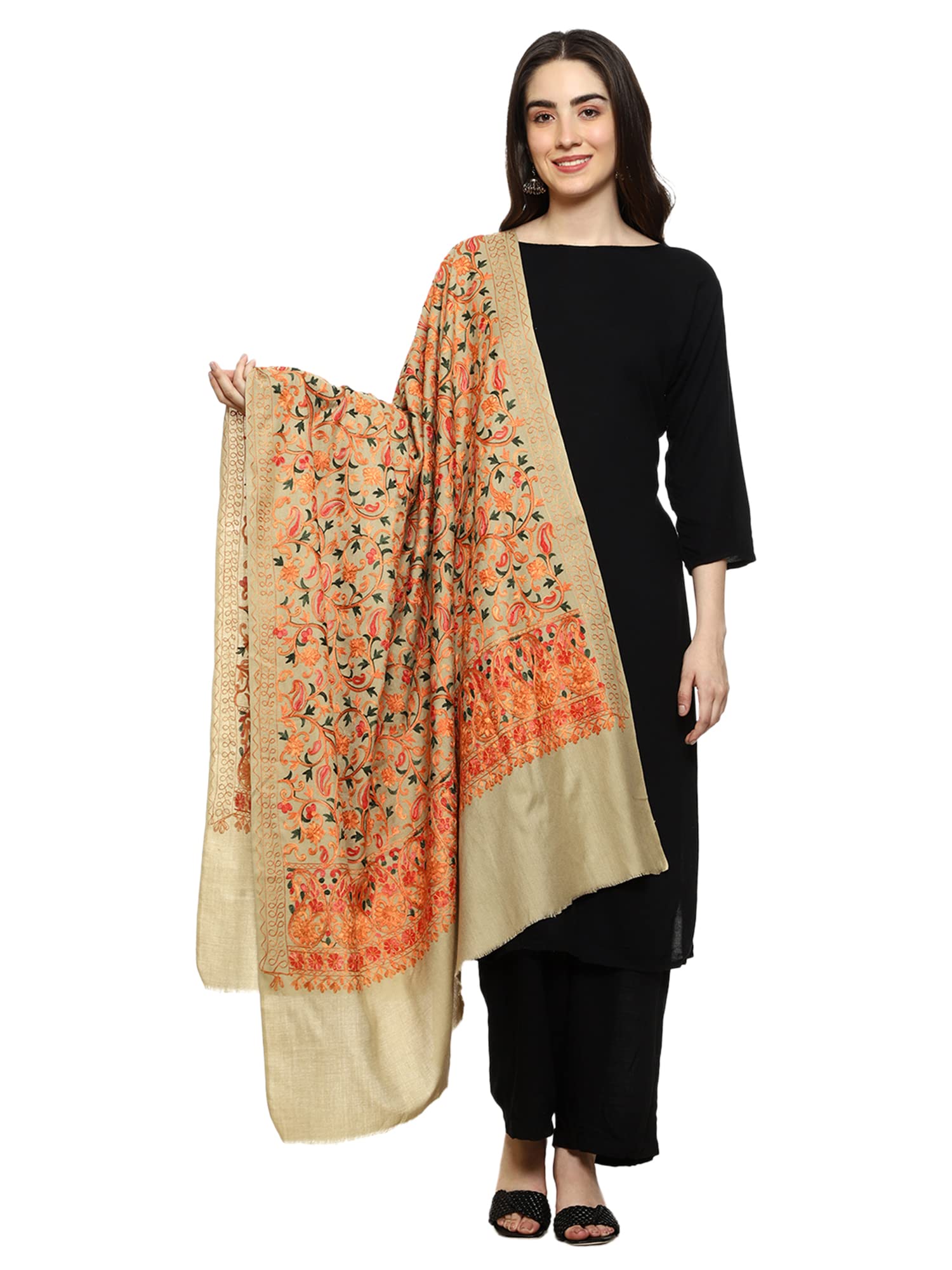 Women's Kashmiri Aari Embroided Floral Paisley Cashmilon Stoles, Wraps, Ladies Shawls (SIZE: 40" X 80")-image-18