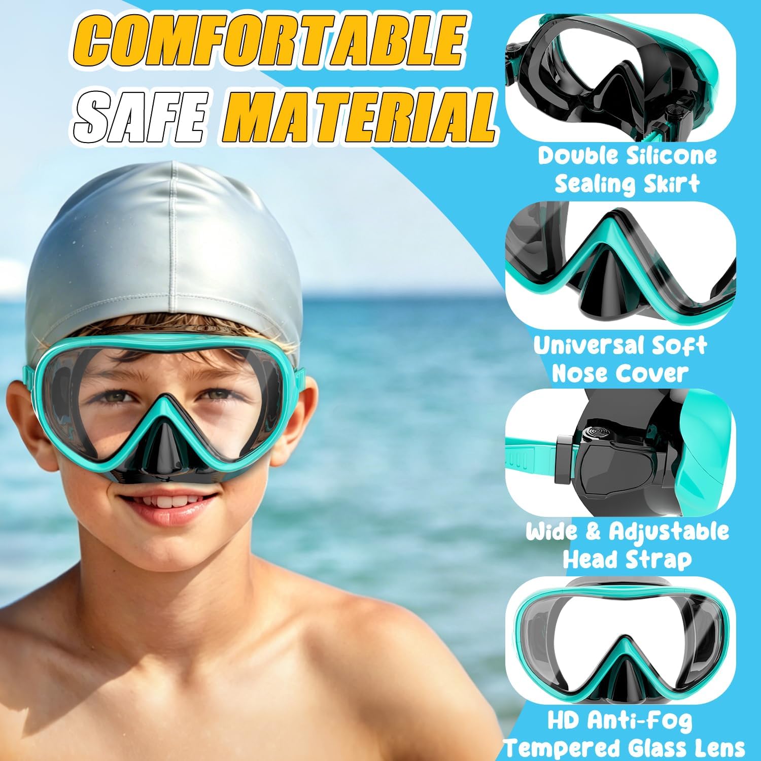 COOLOO Snorkeling Gear for 4-16, 2 Sets Kid Snorkel Mask with Top Dry Valve