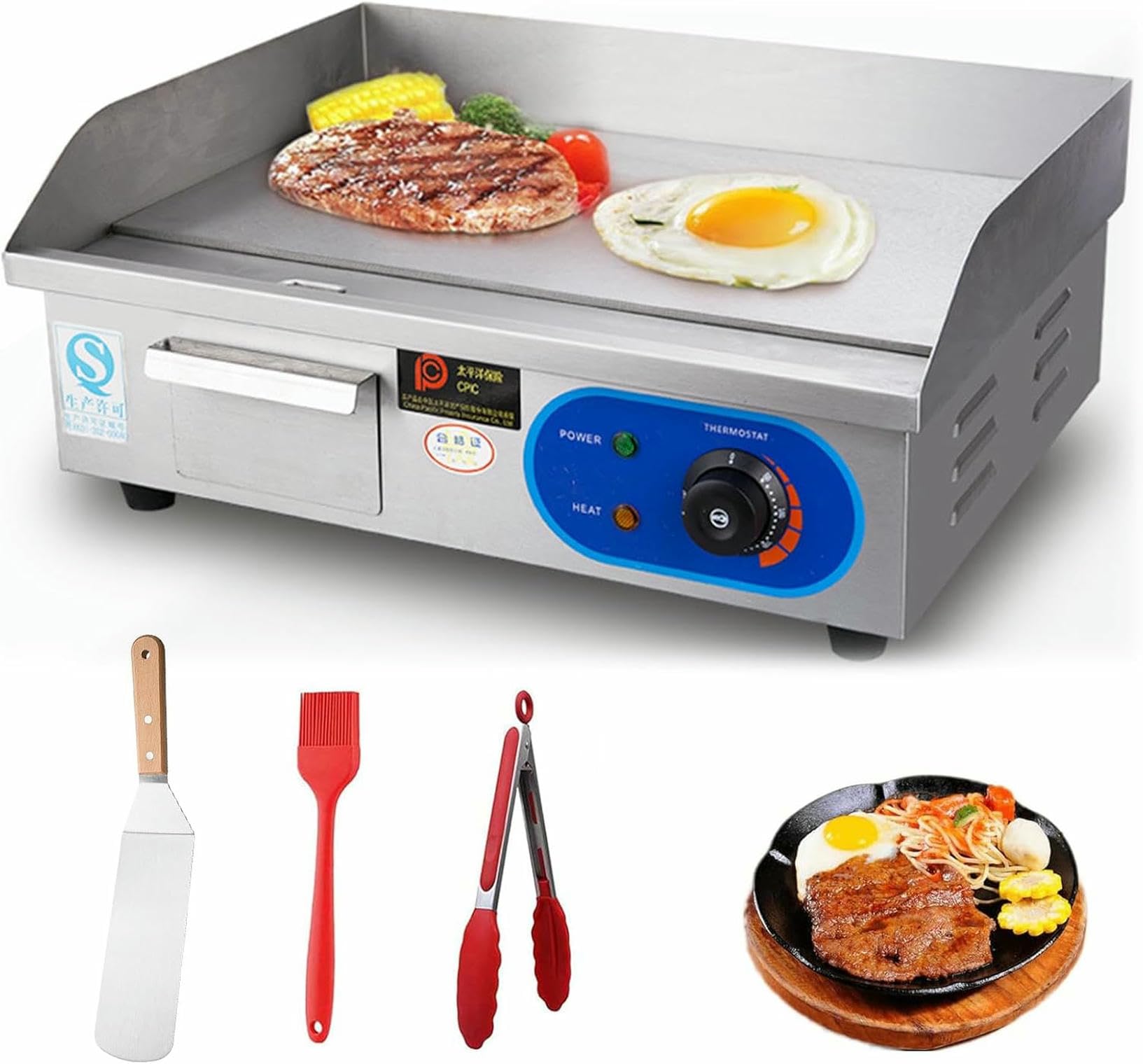Fhrka 21" Commercial Electric Griddle, Electric Flat Top Grill, 3000W Countertop Griddle For Restaurant With Shovels And Brushes