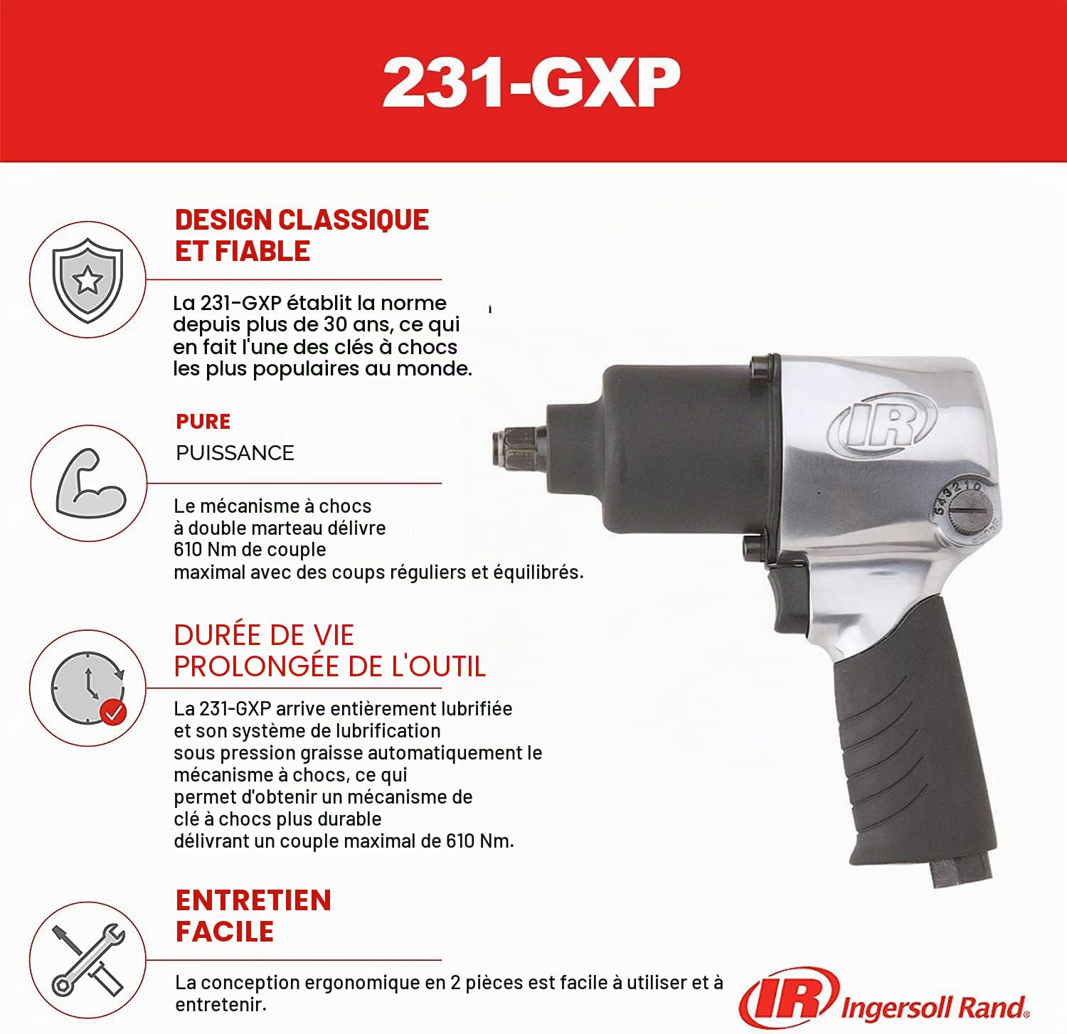 Ingersoll-Rand 231GXP Clé à Chocs Pneumatique 1/2" - Puissante, Légère et Durable - Idéale pour Environnements de Travail Difficiles