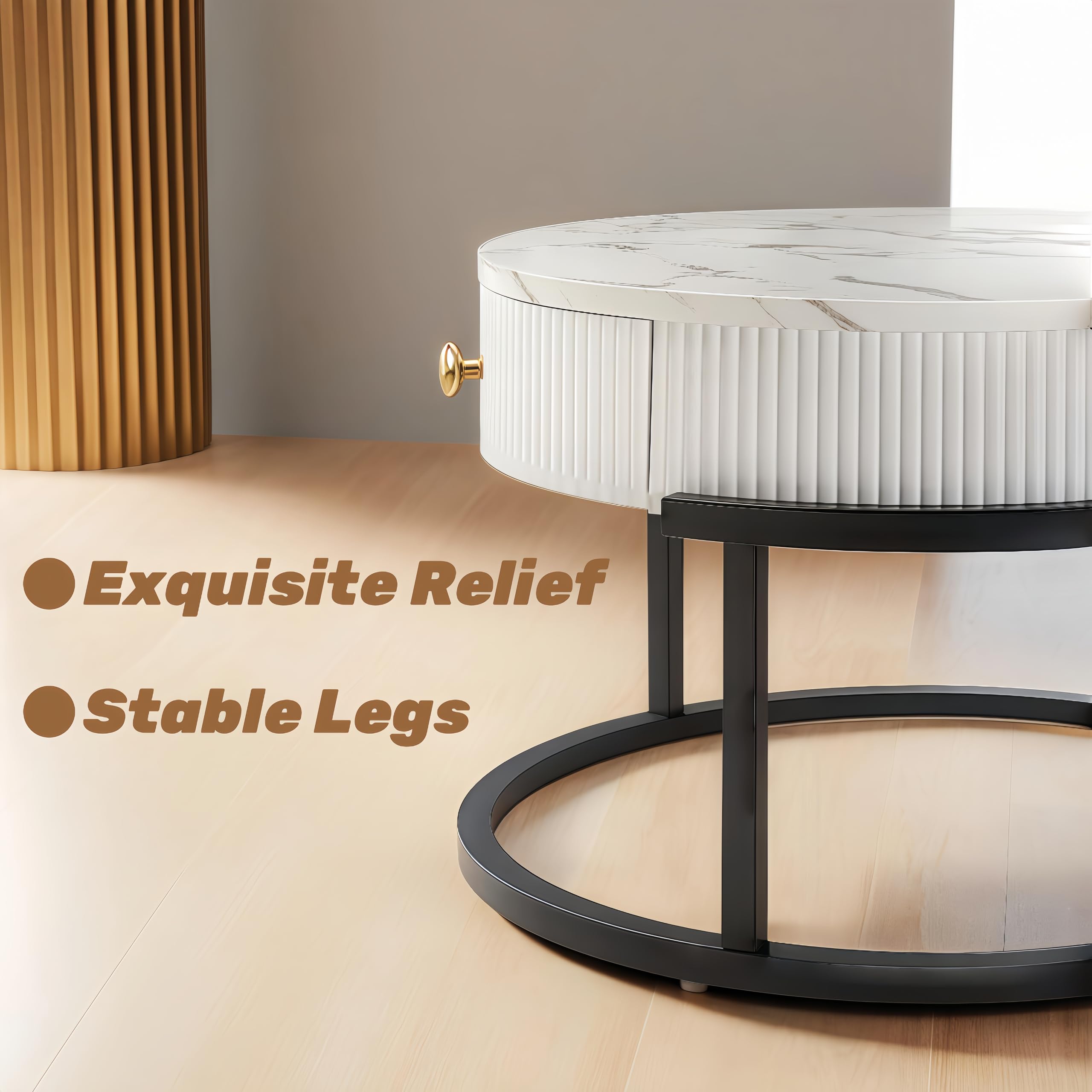Tavolo Rotondo con cassetto, Tavolino Salotto Moderno con cornice nere, Tavolo Soggiorno con effetto marmo, set di 2 pezzi da Tavolino Rotondo