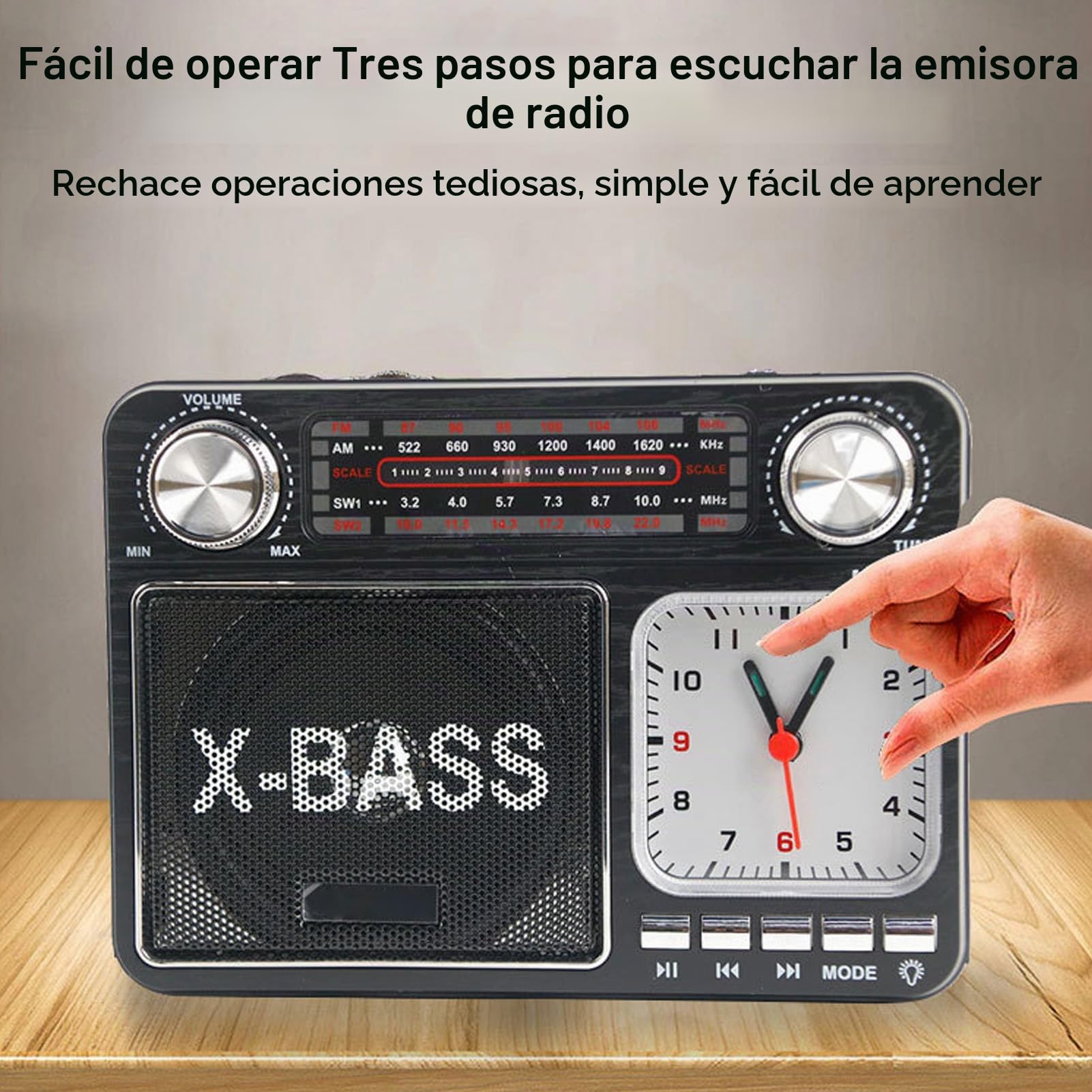 Altavoz Bluetooth Radio Estilo Retro, Radio Portátil Am FM SW, Radio de Sintonización Manual Inalámbrica con 3 Modos de Fuente de Alimentación, Reloj para el Hogar (Enchufe de la