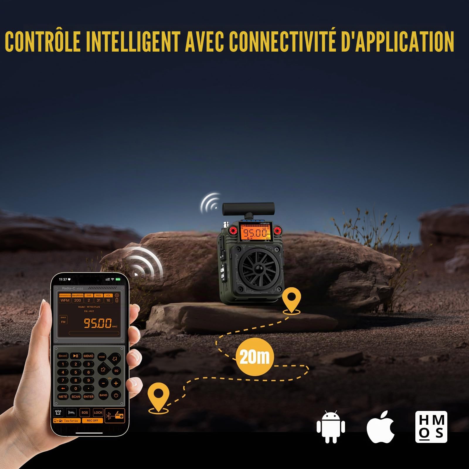 Raddy RF750 Plus AM FM SW Radio Portable à Ondes Courtes, Mini-Radio avec contrôle par Application, 297 Stations préréglées, Batterie remplaçable, antenne Type T, Alarme SOS pour Camping et urgences