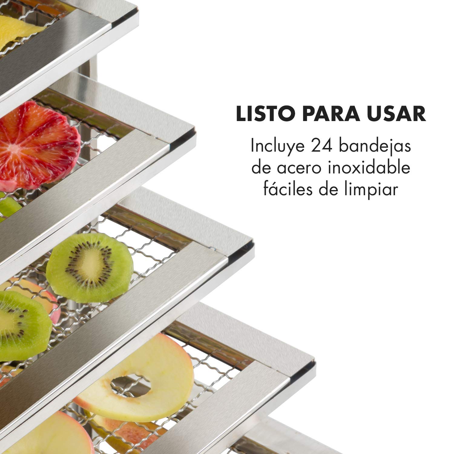 Klarstein Master Jerky - Deshidratador de alimentos, Temperatura ajustable 40-90 °C, DigiSet Control, Carcasa de acero inoxidable, Potencia de 5850 W, Capacidad de 10 m², 24 bandejas, Plateado
