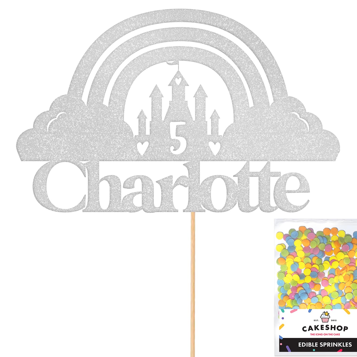 Personalised Princess Castle Glitter Cake Topper Silver Any Custom Age & Name Glitter Cake Decoration and Sprinkles - Happy Birthday Decorations - Personalised Toppers for Cakes by Cakeshop โ image 1