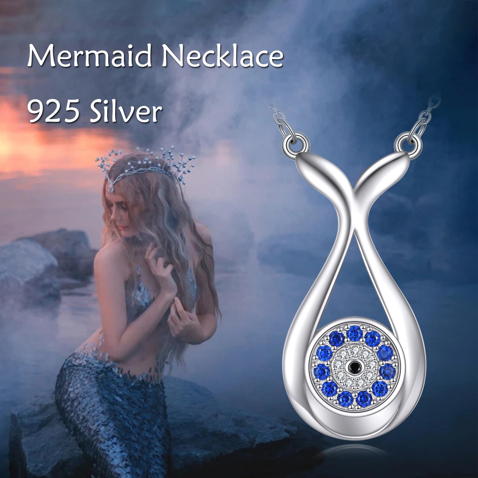 POPLYKE Collar de ojo turco para mujer, collar de sirena de plata de ley, regalo de joyería para niñas
