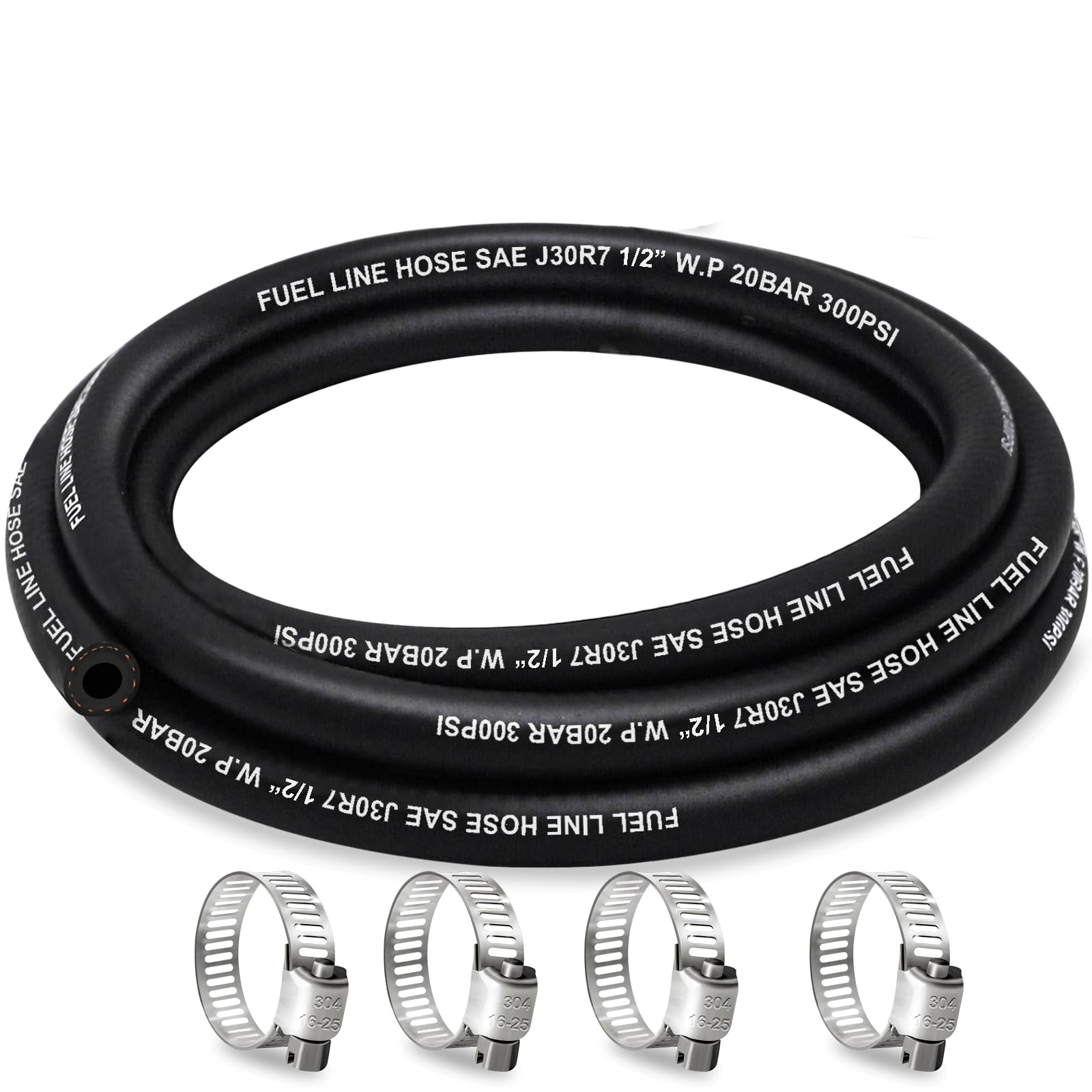 Fuel Line Hose 1/2 Inch ID, 300 psi 5FT Fuel Hose, with 4 Clamps | 300 psi, NBR Material, 4 Clamps Included