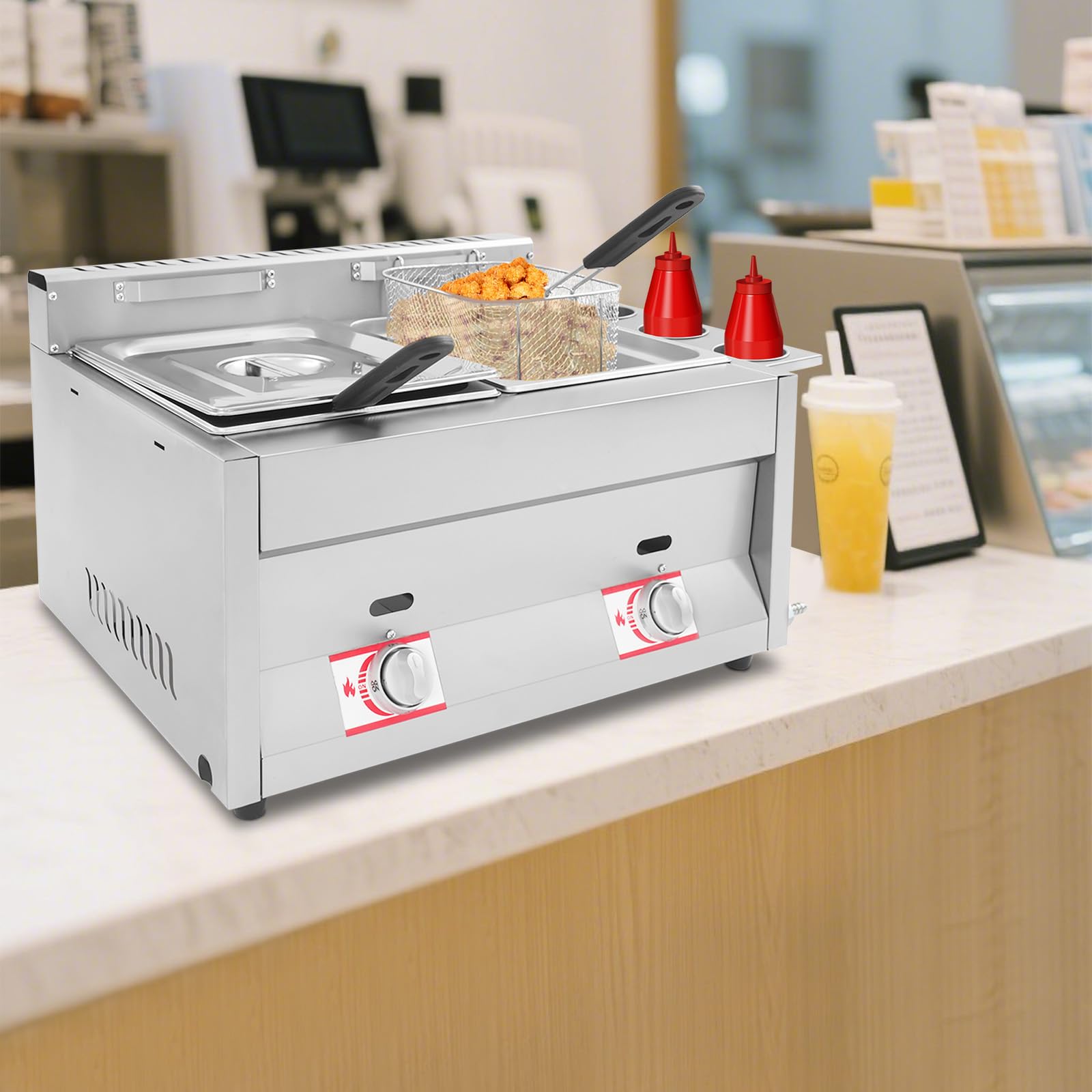 Freidora de gas doble, acero inoxidable, con dos recipientes de 6 L y cesta, rango de temperatura de 50 – 380 °C, freidora de gas con 3 vasos de especias para hogares, restaurantes, bares de comida