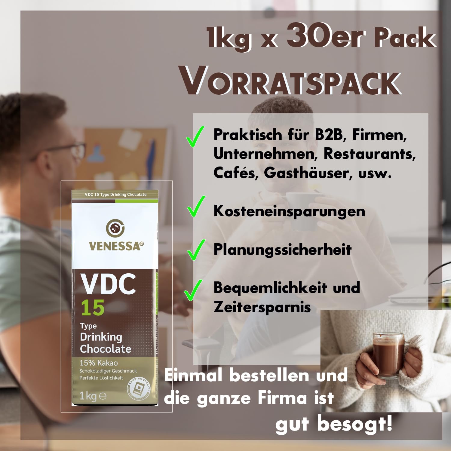 Venessa VDC 15 Trinkschokolade 30 x 1kg in Aromaschutzbeutel - 15% Premium Kakao und Milchanteil, Kakaopulver für cremige heiße Schokolade, leicht süß, angenehm mit feiner Kakaonote