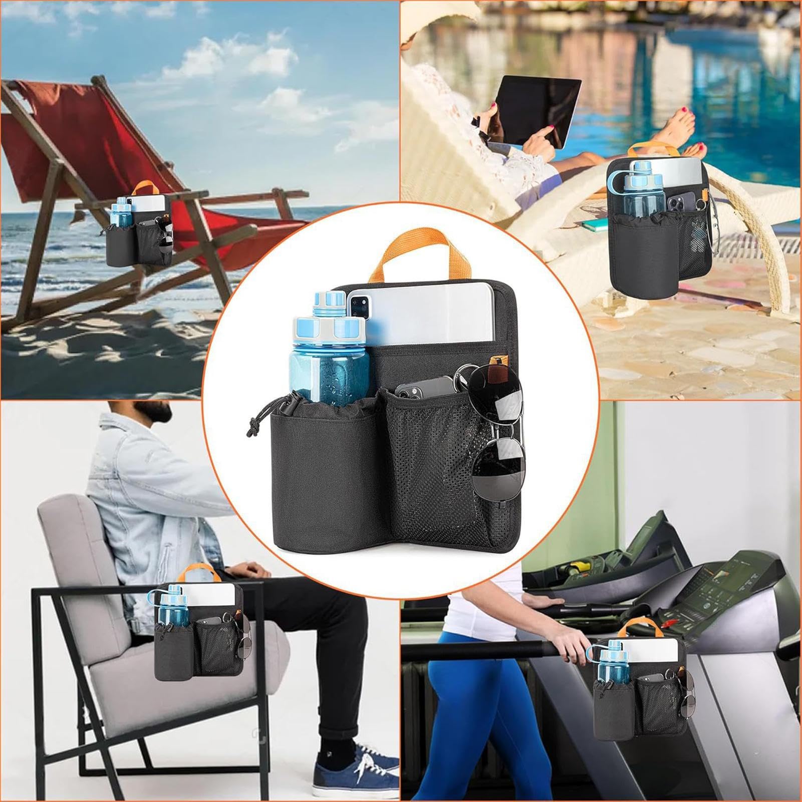 Portavasos para silla de playa, organizador lateral de silla, organizador multifuncional para exteriores, césped, patio, mochilero, teléfono, gafas de sol, aperitivo