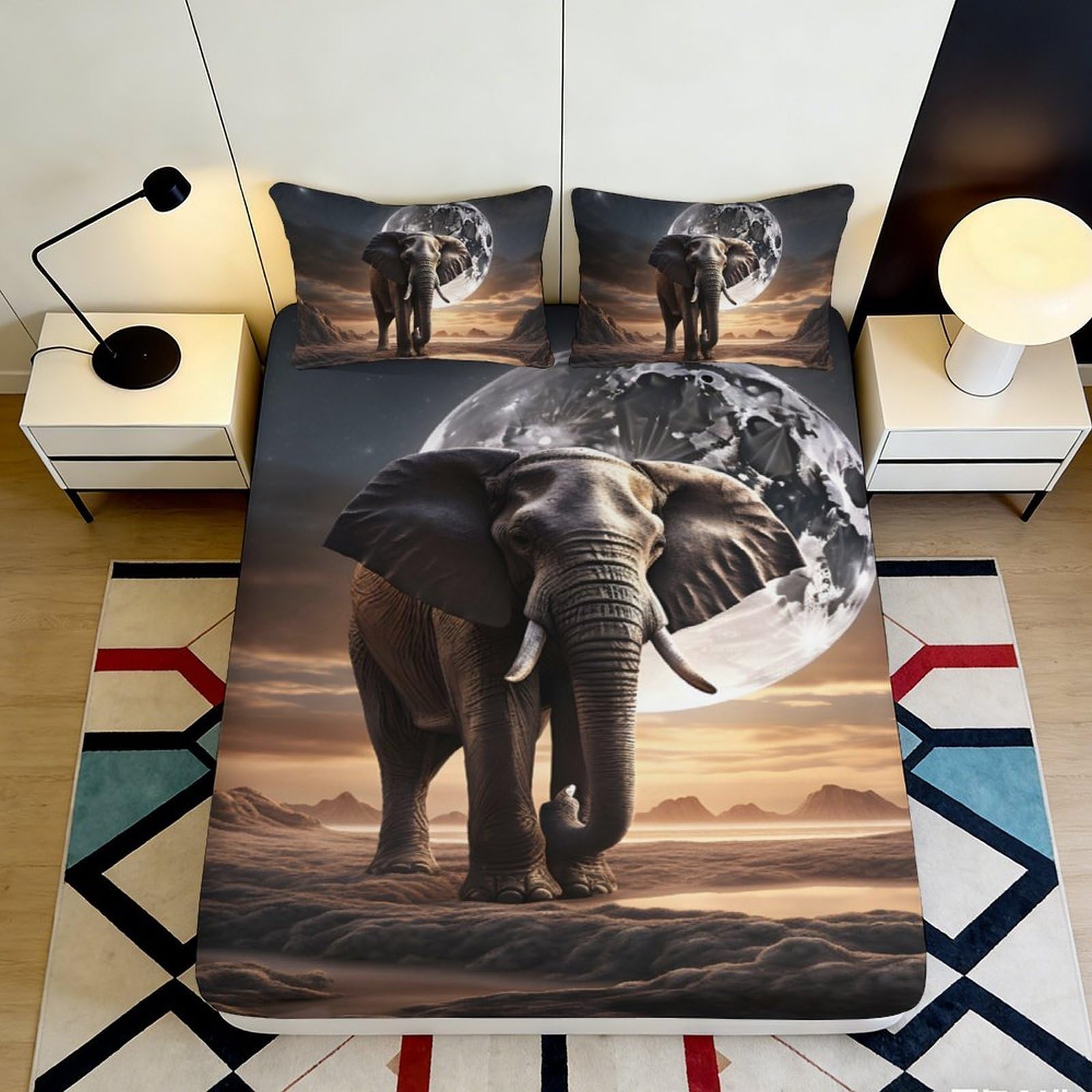 3D Printed Elephant Moon Fitted Sheet Microfiber Soft Durable Cosmic Landscape Bed Cover for Bedroom Dormitory Guest Room Mattress Protection Decor 120x200x25cm