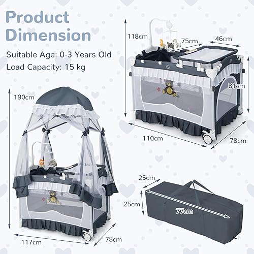 Miniatura 9 de HONEY JOY Parque y Juego 4 en 1 con Toldo, Corralito Portátil para Bebé con Mesa Cambiador y Moisés Infantil, Juguetes Lindos y Música, Moisés