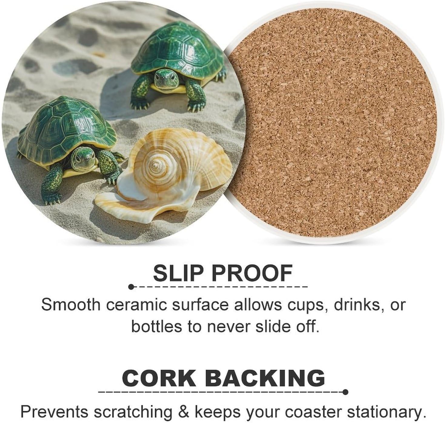 6PCS Two Turtles and Shells Coasters Non-Slip Round Drink Coasters with Ceramic Stone and Cork Base, Heat Resistant Absorbent 33.00Stone Coaster Set for Kinds of Mugs and Cups, 4 Inch