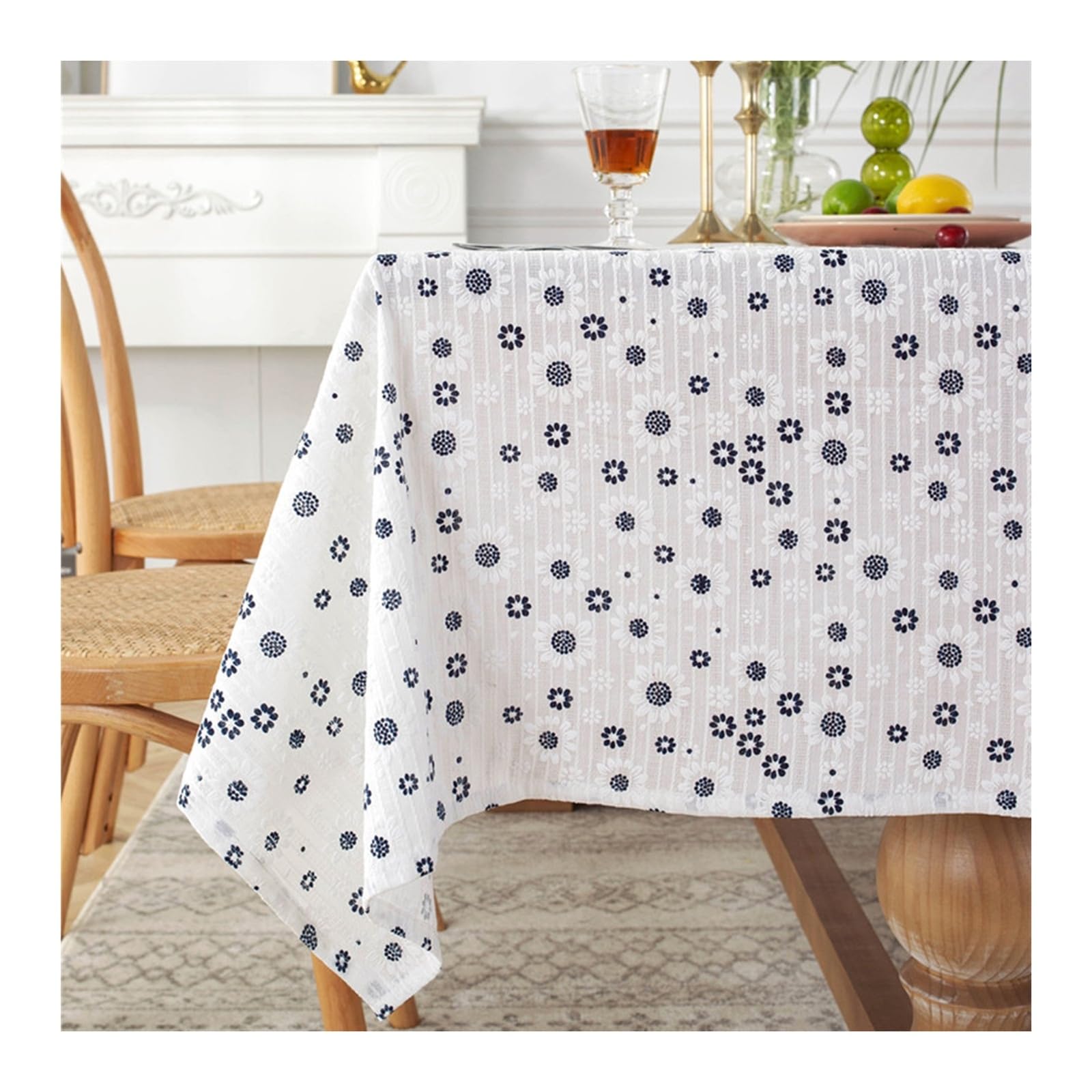 Nappe bleu marine jacquard tournesol coton 140x200 pour protection de table rectangulaire