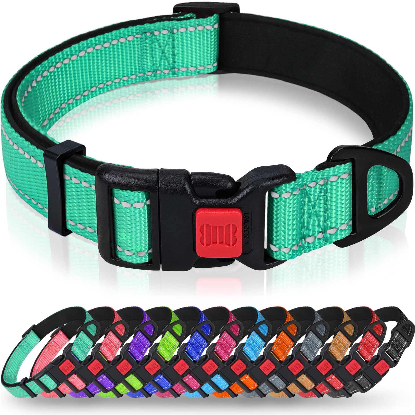Taglory Reflective Dog Collar with Safety Locking Buckle, Soft Neoprene Padded Dog Collar for Medium Dogs, Metal D-Ring, Adjustable Nylon Neck Strap