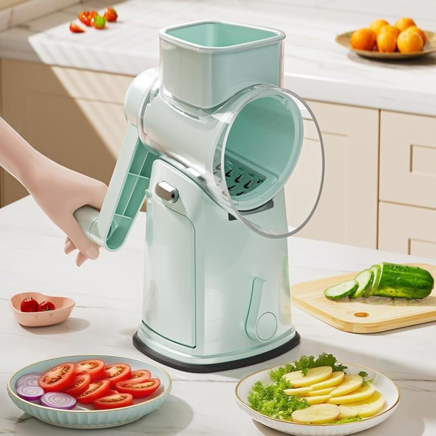 Multifunctional Rotary Vegetable Cutter, Manual Mandoline Slicer with 10 Blades, Safe & Easy to Use Vegetable Grater for Kitchen Prep