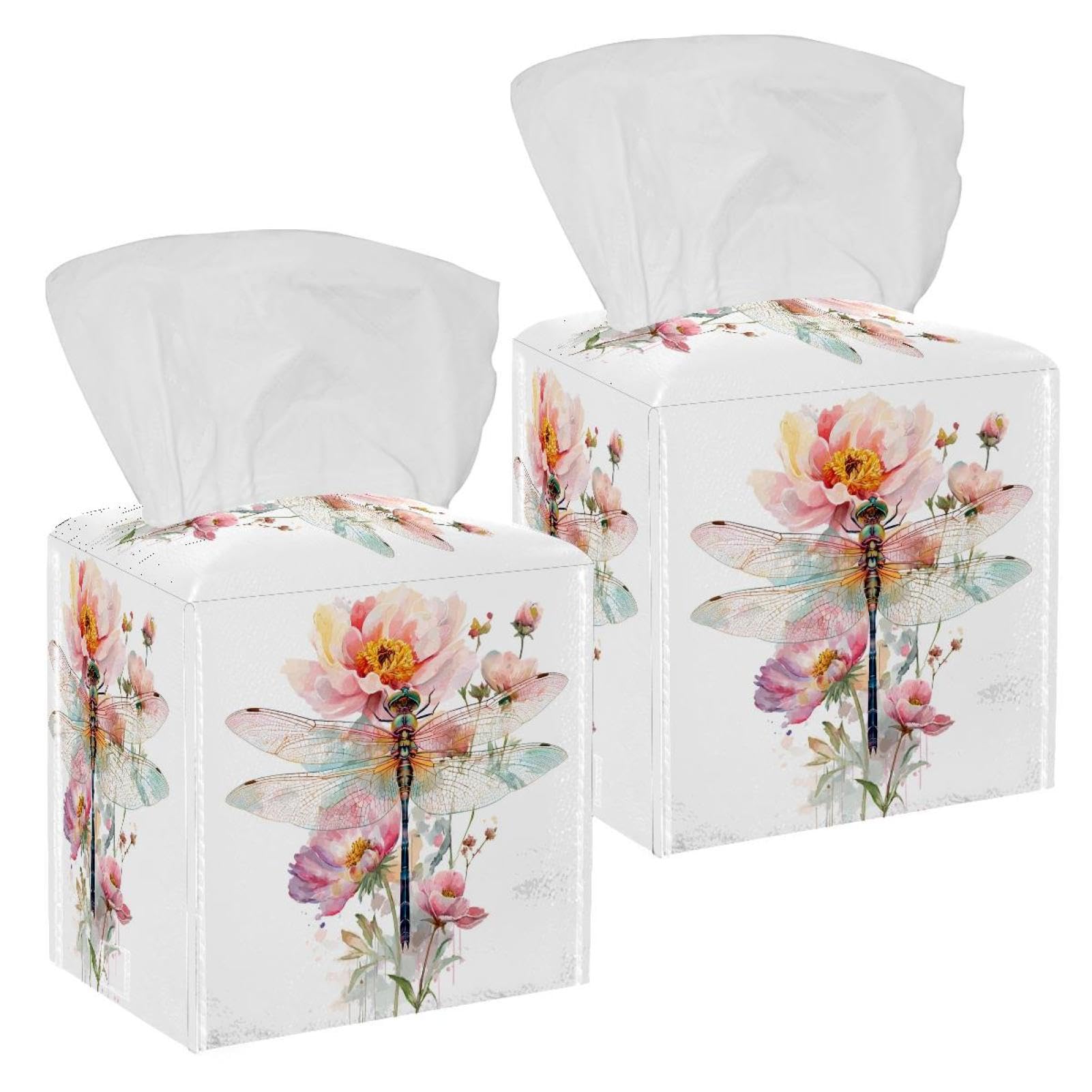 Dragonfly Tissue Box Cover, 2 Pack PU Leather Square Facial Tissue Dispenser Box holder for Home Office Car