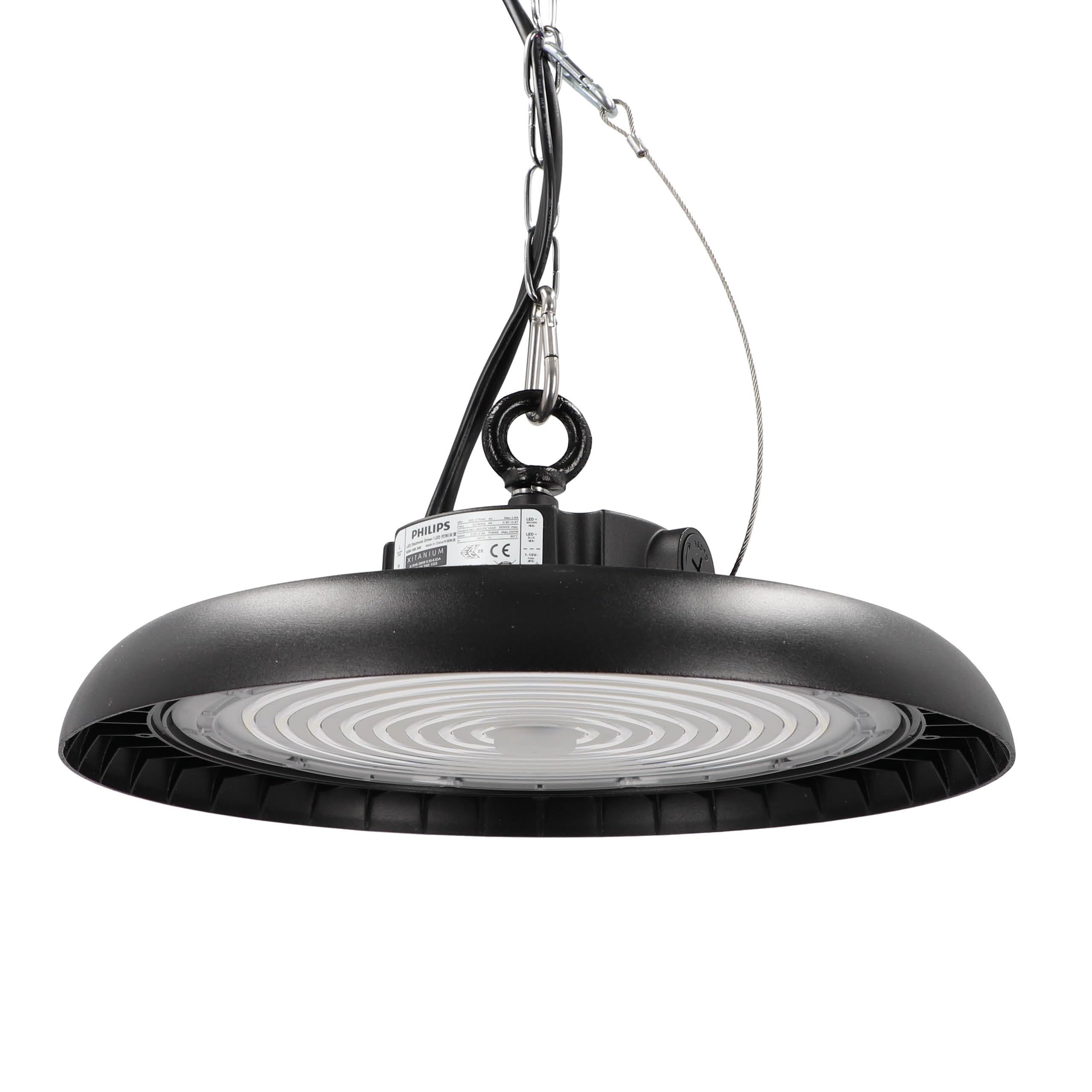 LED Hallenstrahler 200W kaltweiß 6000K 40.000lm 200lm/W 90° CRI>80 | PREMIUM-Marken-Treiber, dimmbar (1-10V), IP65, High Bay, Industrielampe, Werkstattbeleuchtung, Ø340xH110mm | 5 Jahre Garantie