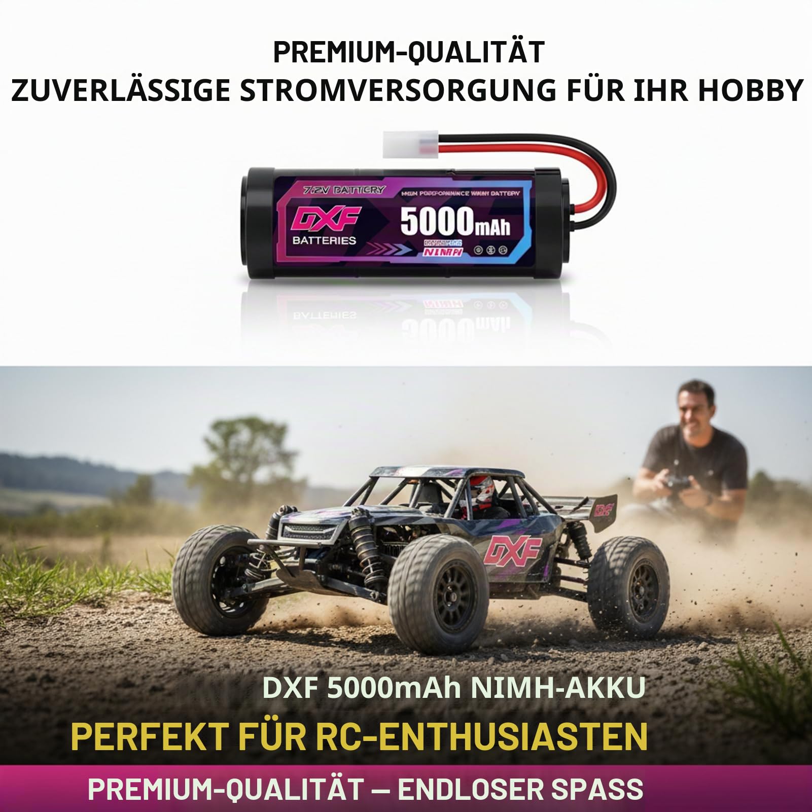 DXF 7.2V NiMH Akku 5000mAh 2 Pack mit Tamiya Stecker RC Batterie für 1:10 RC Auto Truck Boot Rennwagen Geländewagen Flugzeug Hubschrauber Modellbau Hobby Fernbedienung Kein Memory-Effekt