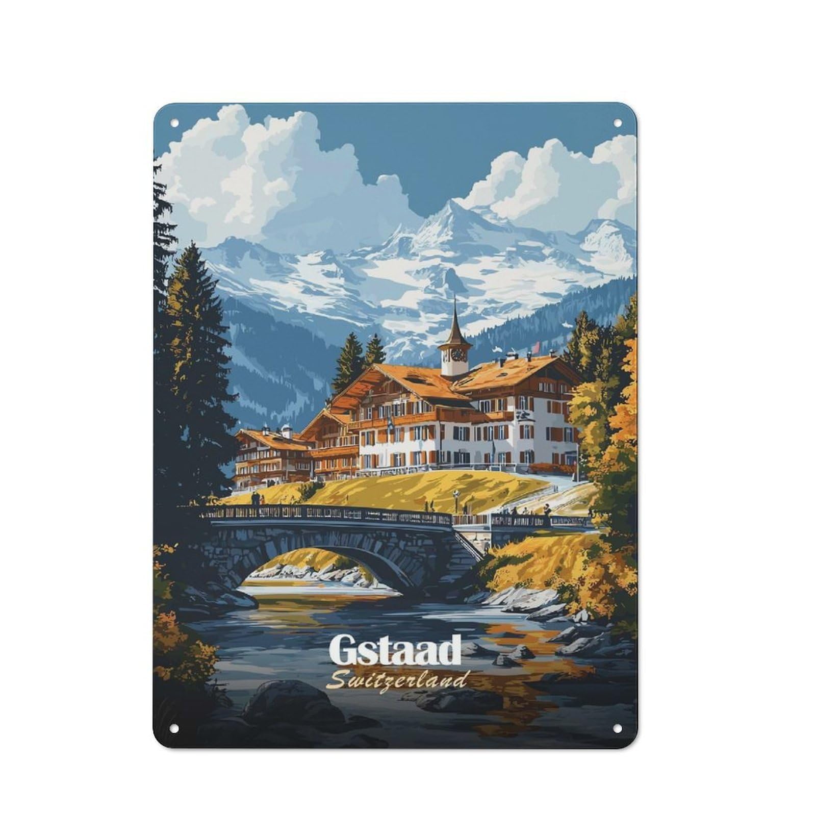 Junmoney Style-6 Gstaad Switzerland Landscape Tin Sign 40X30cm, Creative Studio Wall Plaque For Hobby Room, Office, Lounge Or Living Room
