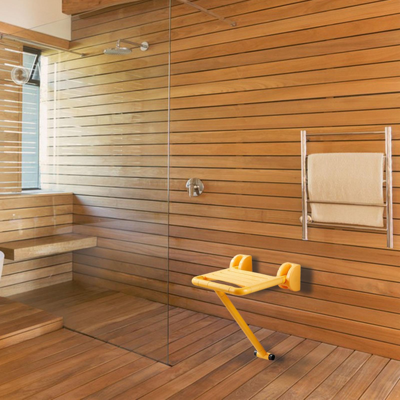 B Baosity Asiento de Ducha Plegable Reforzado con Base Estable Antideslizante Silla de Baño Montada en La Pared Taburete Plegable para Ducha Banco Ahorrador de, Amarillo