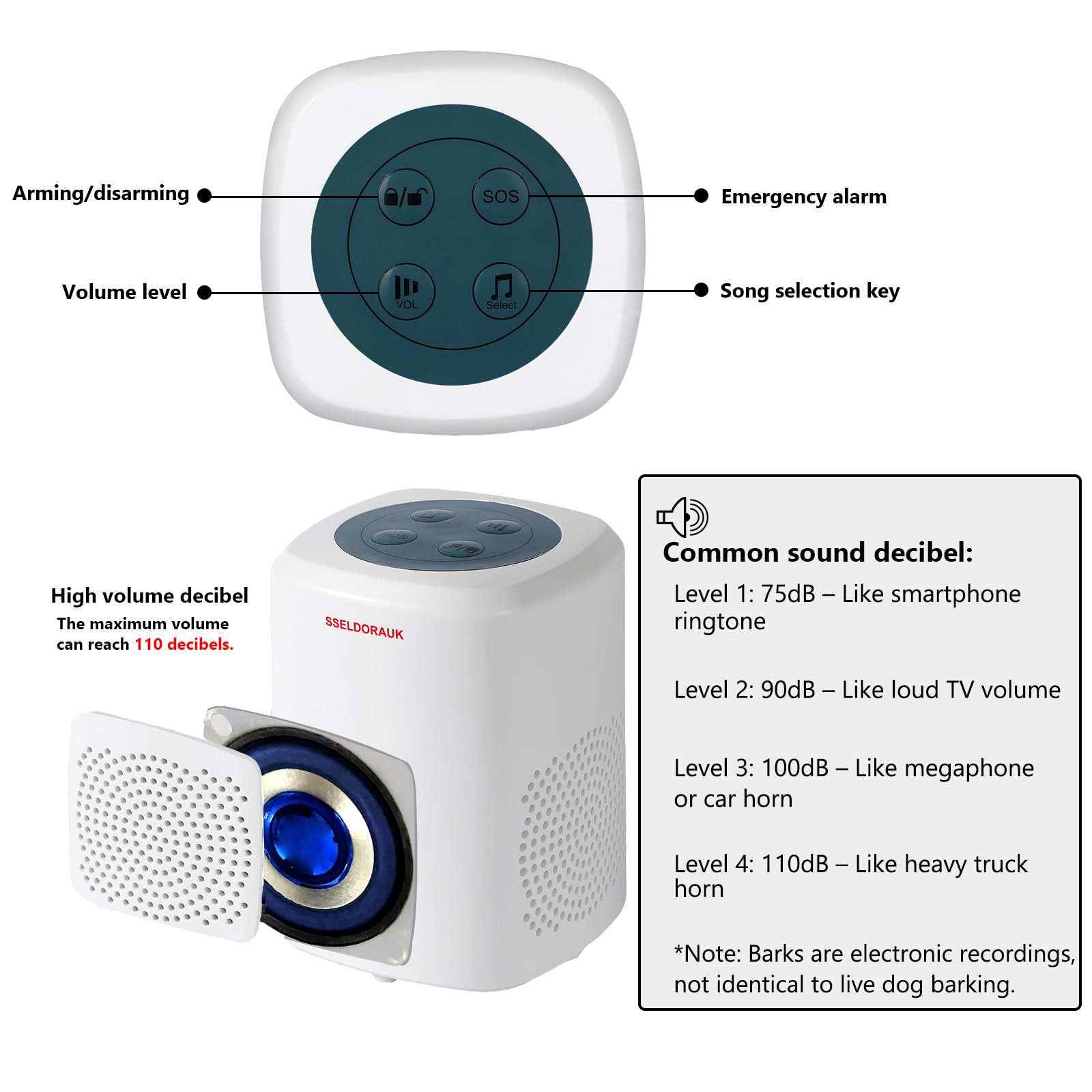 Seldora UK - Alarma de ladridos de perro con sensor de movimiento, 110 dB, inalámbrico, infrarrojos, recordatorio de visitantes, intimidante a ladrones y animales salvajes para patio y casa (1