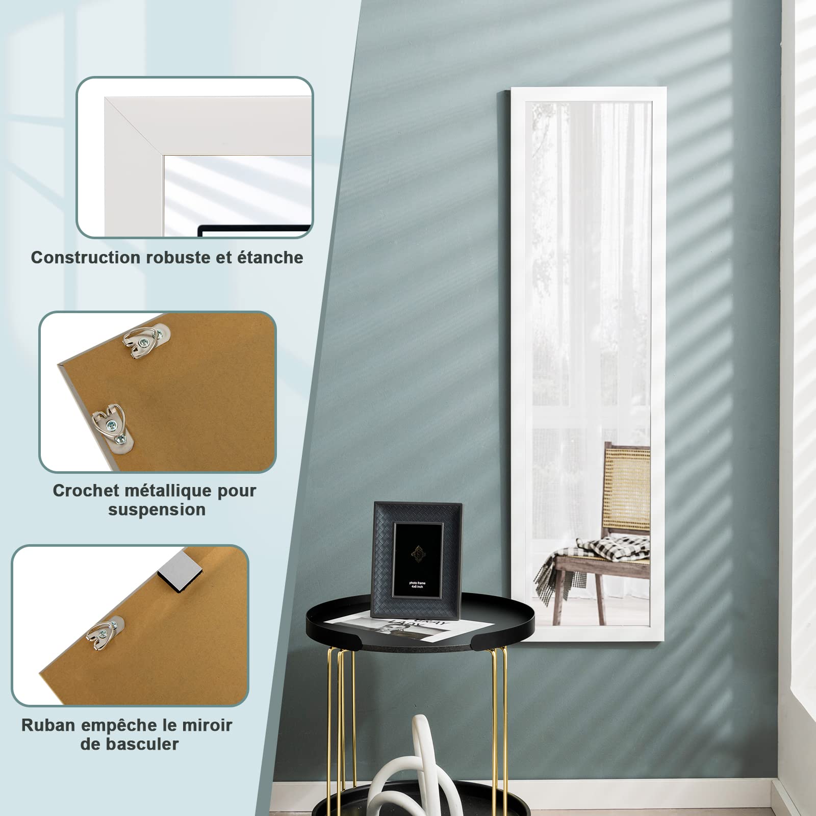 GOPLUS Espejo sobre toda la longitud por encima de la puerta, 119 cm x 33 cm Espejo de pared sobre toda la longitud con ganchos de suspensión para puerta, espejo integral (blanco)