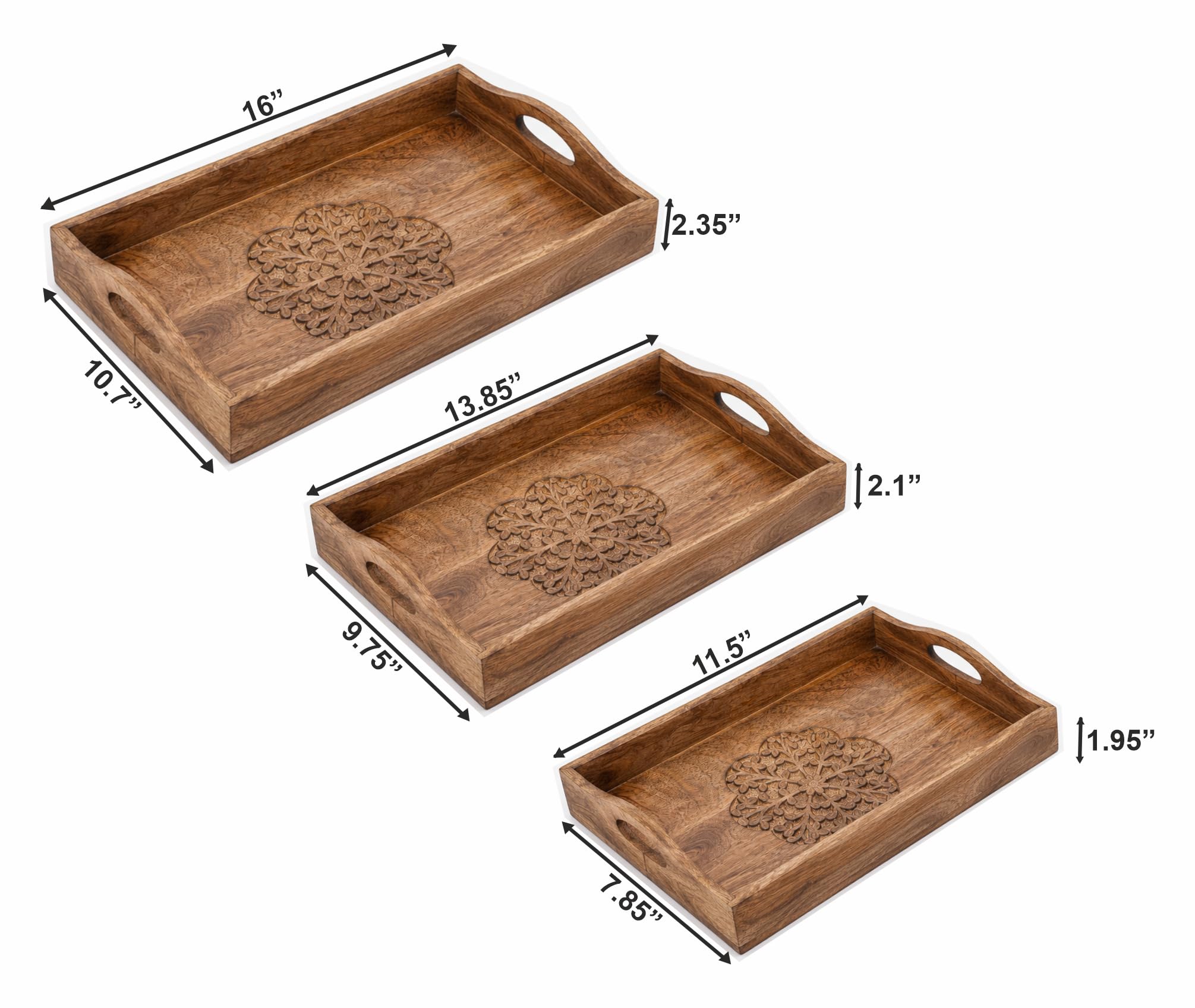 Ajuny Plateau de Service Bois Rectangulaire Poignées Motif Floral, Lot de 3