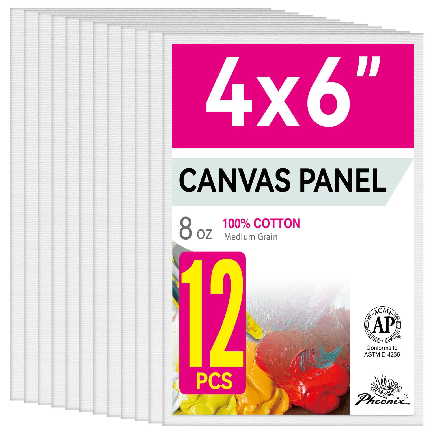 Phoenix Kleine Malleinwand, 10,2 x 15,2 cm, 12 Stück – 227 g, dreifach grundiert, 100% Baumwolle, säurefrei, Leinwandtafeln zum Malen, weiß, blanko, flache Leinwandplatten für Acryl, Ölfarben