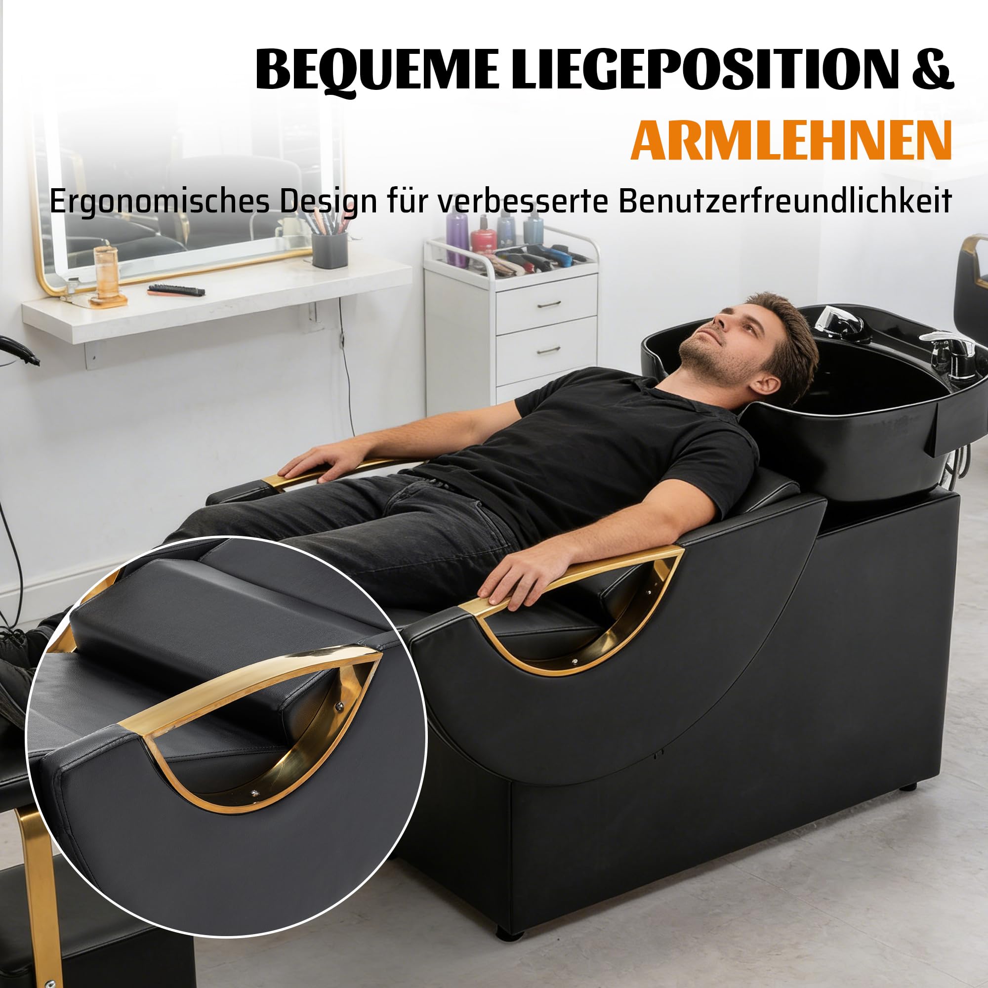 Professioneller Friseurwaschsessel mit Waschbecken, Beinstütze, Nackenstütze und Armlehnen, 136 kg Traglast, für Salon & Barbershop