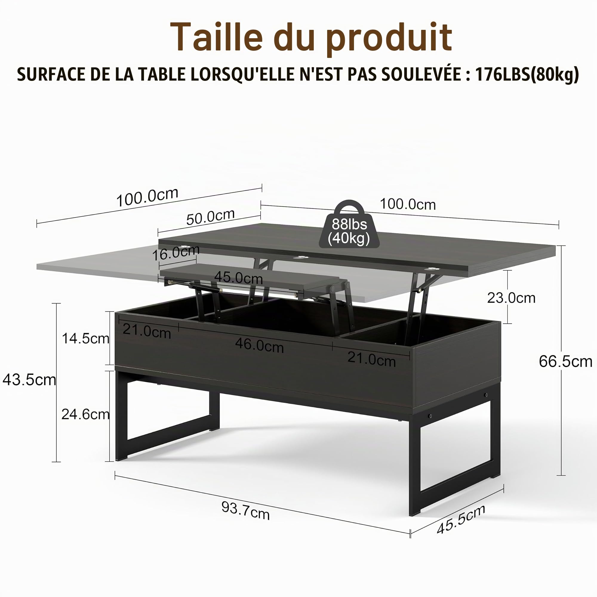 Table Basse Relevable, Tables Basse Extensible Multifonctionnelle 4 en 1 pour Salon, avec 3 Cases de Rangement Cachées, Table Basse Convertible Manger (Pied métallique, Noir brunâtre)