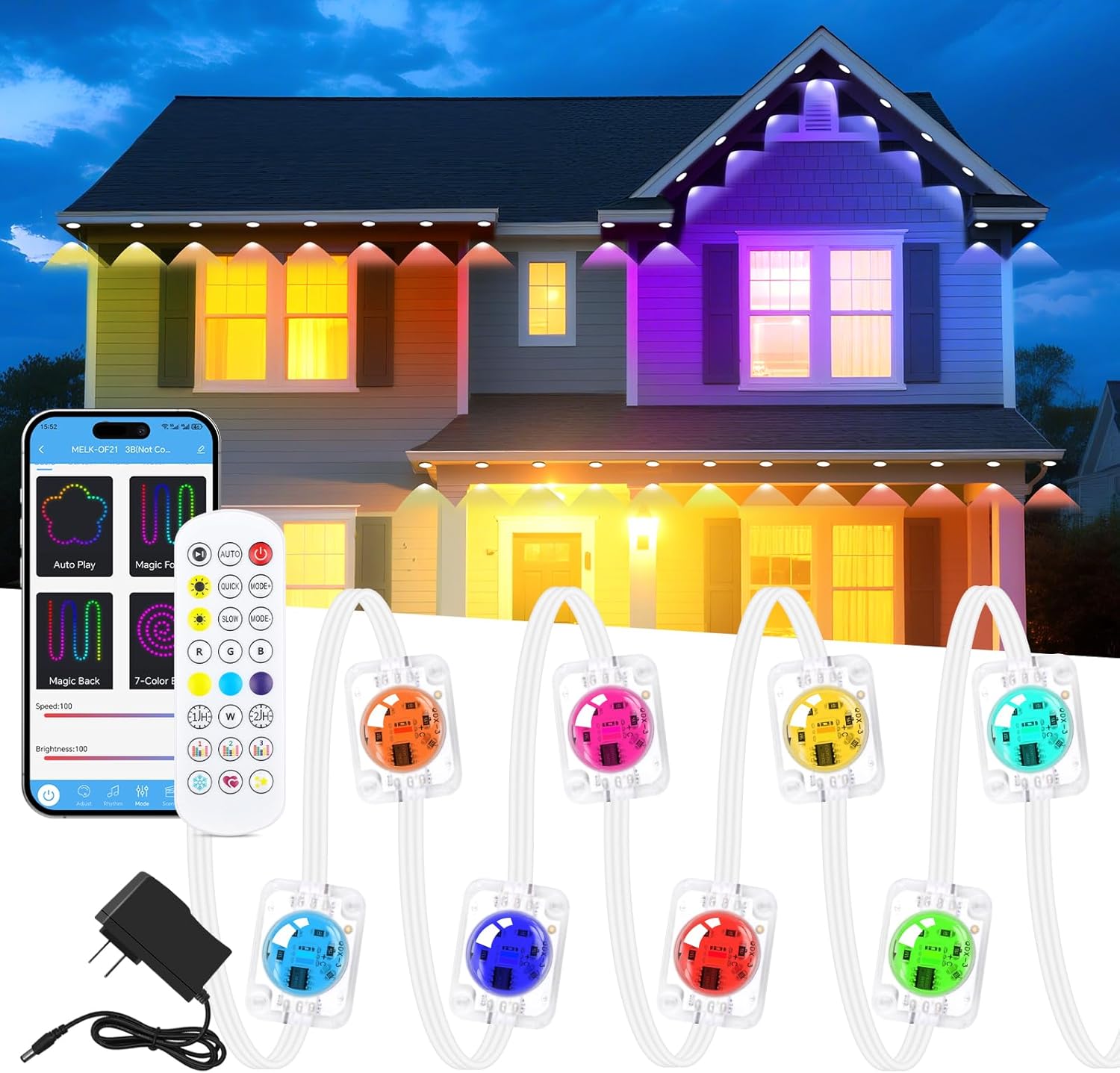 KISUFU 200FT RGB+IC Permanent Outdoor Lights, 24V Year-Round Roof & Eaves Lighting with 221 Modes, App & Remote Control, IP68 Waterproof, Smart Outside Lights for Halloween, Christmas, Holidays
