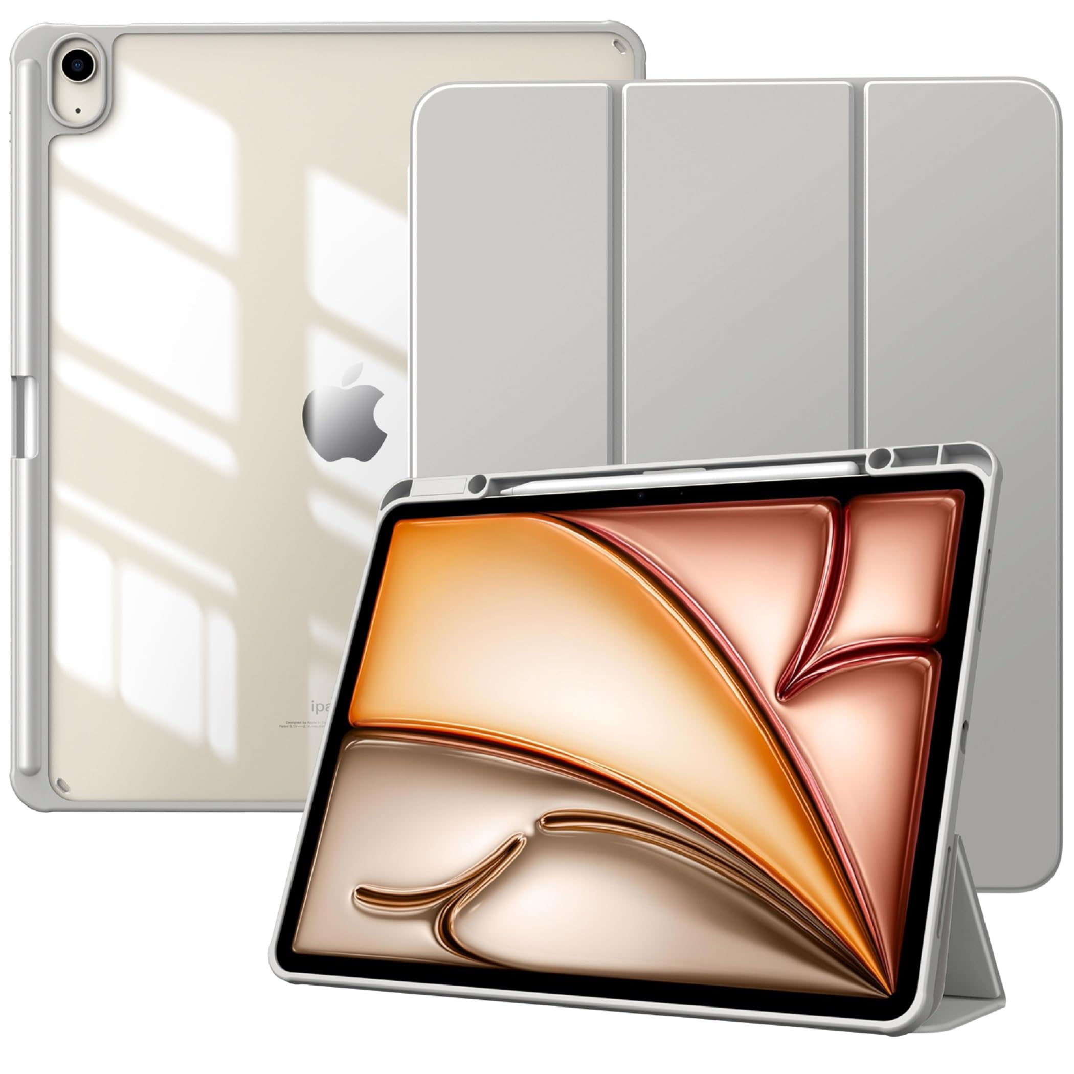 TiMOVO Etui do iPad Air 13 cali M4/M3/M2 z uchwytem na rysik, Light Gray | Smukłe etui ochronne ze składaną podstawką, przezroczysty tył i automatyczne usypianie/wybudzanie