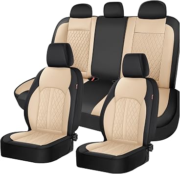 Coverado Universal Leather Seat Covers Full Set for 5 Seats Waterproof, Durable All-Weather Protector for SUV, Pickup Truck, Sedan, Black&Beige