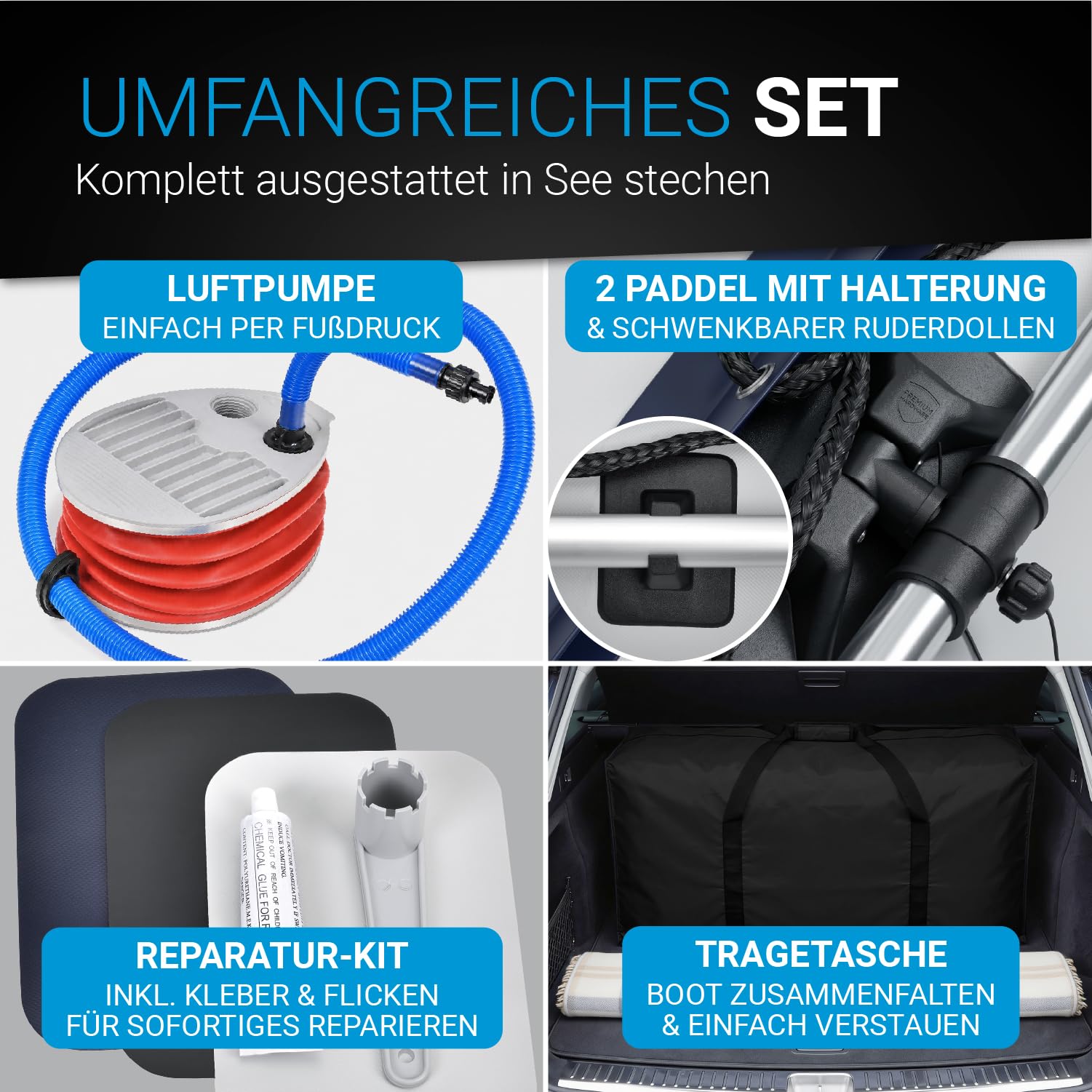 ArtSport Schlauchboot 3,20 m für 4 Personen mit 2 Sitzbänke & Aluboden - Paddelboot mit Paddel, Pumpe, Tasche & Reparaturset - Angelboot aufblasbar