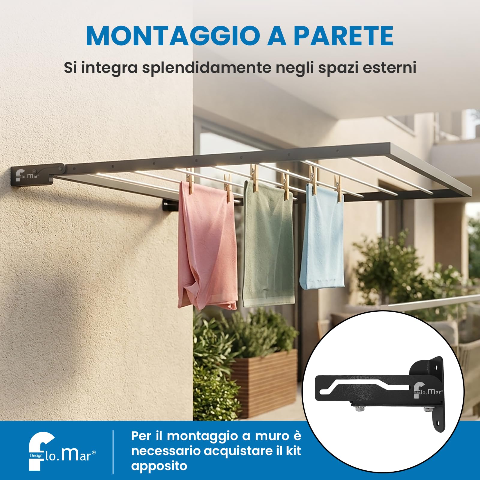 Flo.mar Stendino da Balcone e Parete 150x70 cm - Kit Montaggio Incluso - Stendibiancheria da Esterno Ribaltabile e Salvaspazio in Alluminio - 8 Cavi in Nylon - Stendipanni a Scomparsa (Flip)