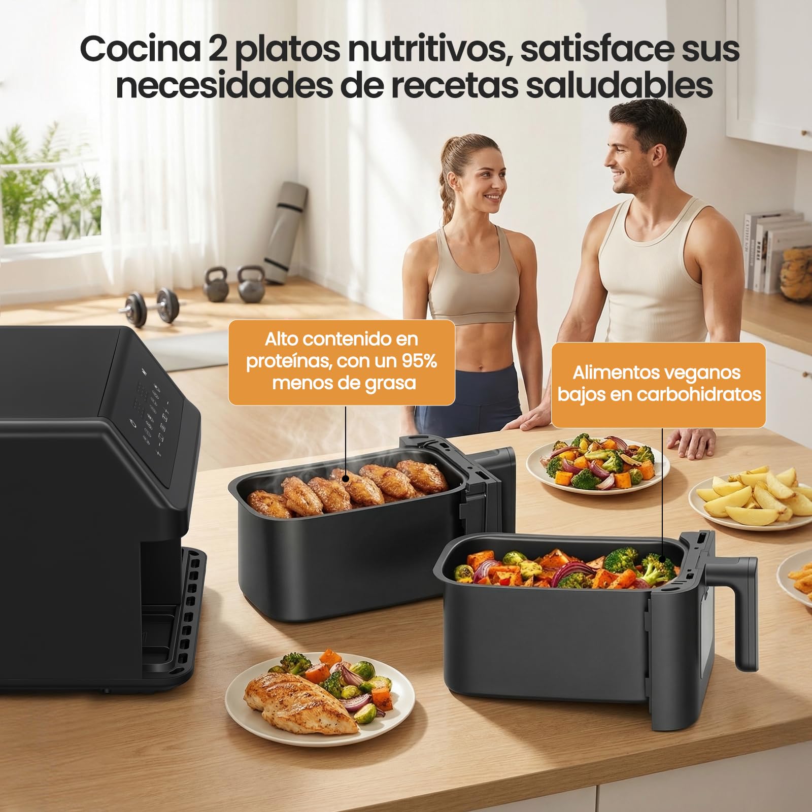 LLIVEKIT 9L Freidora de Aire con Circulación 4D de Aire Caliente | Air Fryer XXL Doble Zona, 2 Compartimentos 2x4,5L, 95% Sin Aceite, 8 Programas Predefinidos, Sync-Finish, Ahorro de Energía