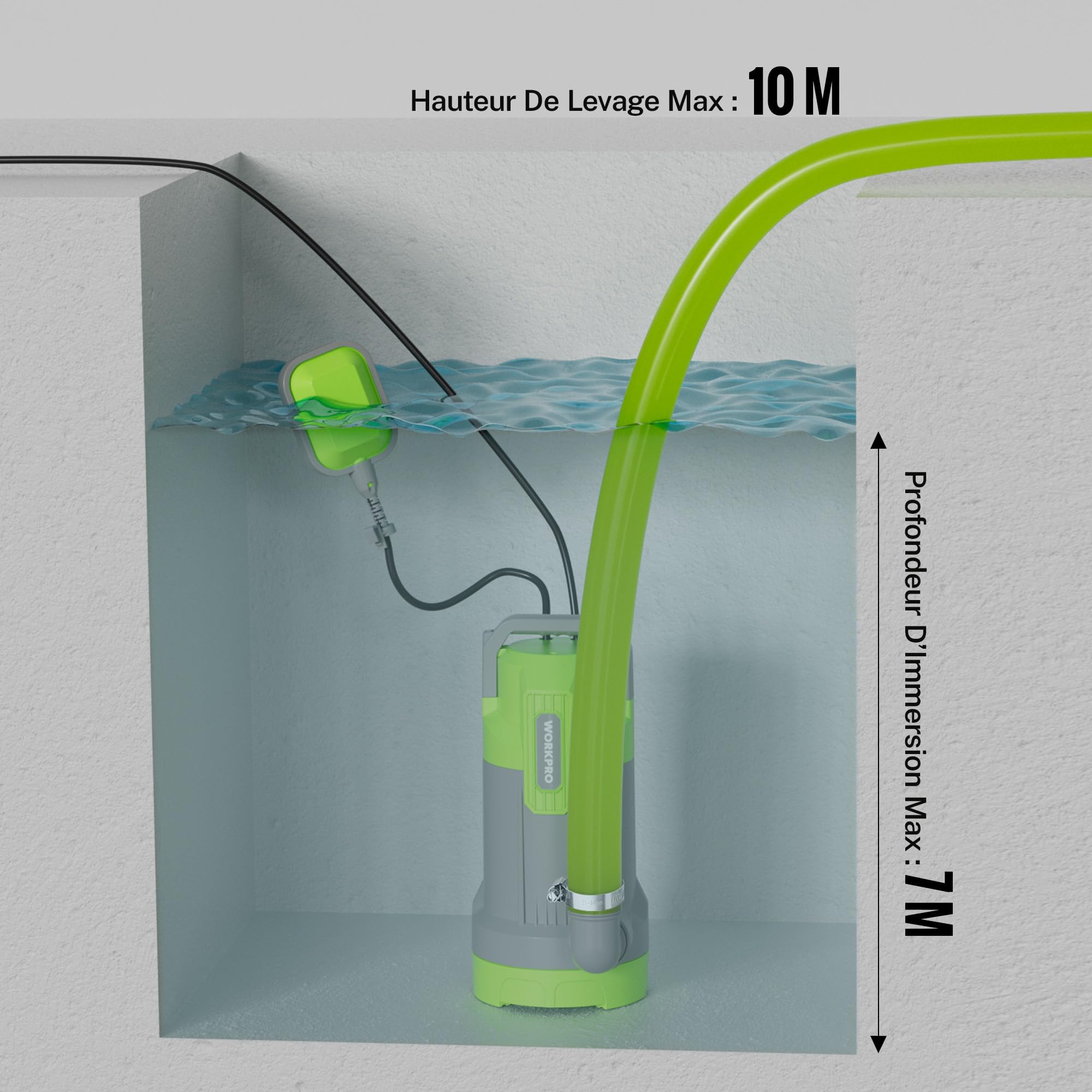 WORKPRO Pompe de Relevage Submersible 700 W 17000 L/H, Pompe Vide Cave avec Flotteur Automatique, Pompe d’Évacuation Eaux Propres/Chargées, Hauteur de Refoulement 10 m pour Piscine, Bassin et Jardin
