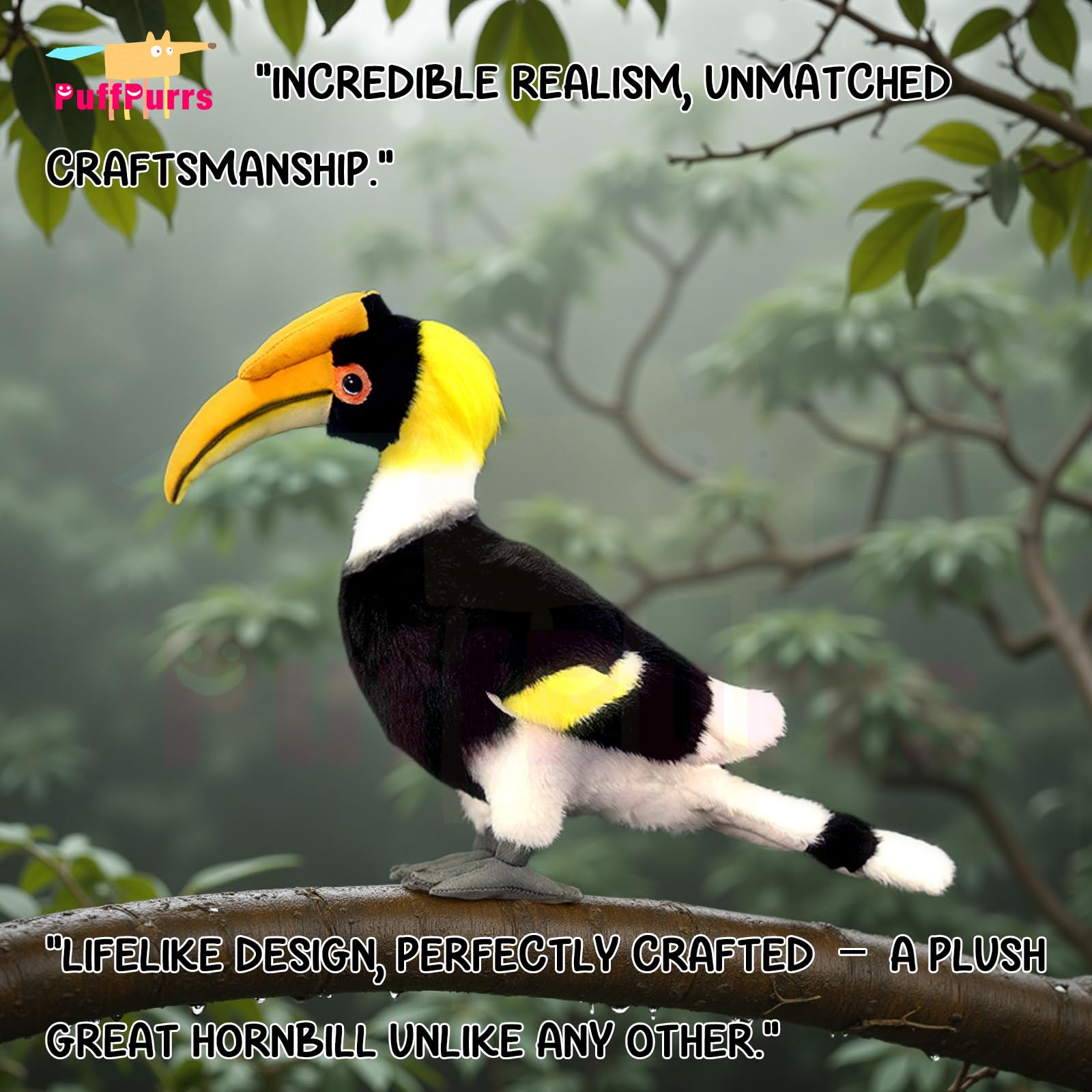 PuffPurrs Lifelike Great Hornbill Plush Toy, Cute Realistic Buceros Bicornis Teddy Stuffed Animal - Image 4