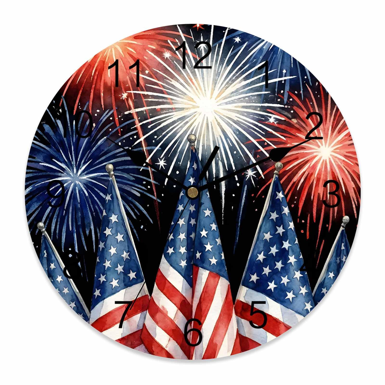 Ensound 4th of July Wall Clock American Flag Clocks Wooden Silent Non-Ticking Battery Operated Decorative July 4th Fireworks Round Clock for Home Living Room Kitchen Bedroom Office School 12 Inch