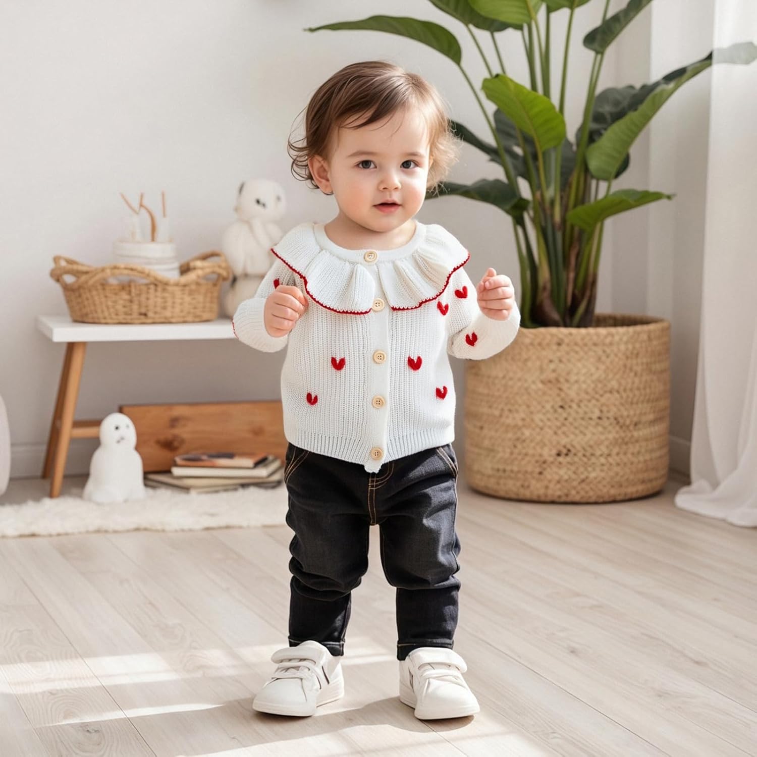 Baby Girl Valentine's Day Outfits Button Down Sweater Heart Print Knit Cardigan Sweaters Toddler Newborn Clothes - Image 2