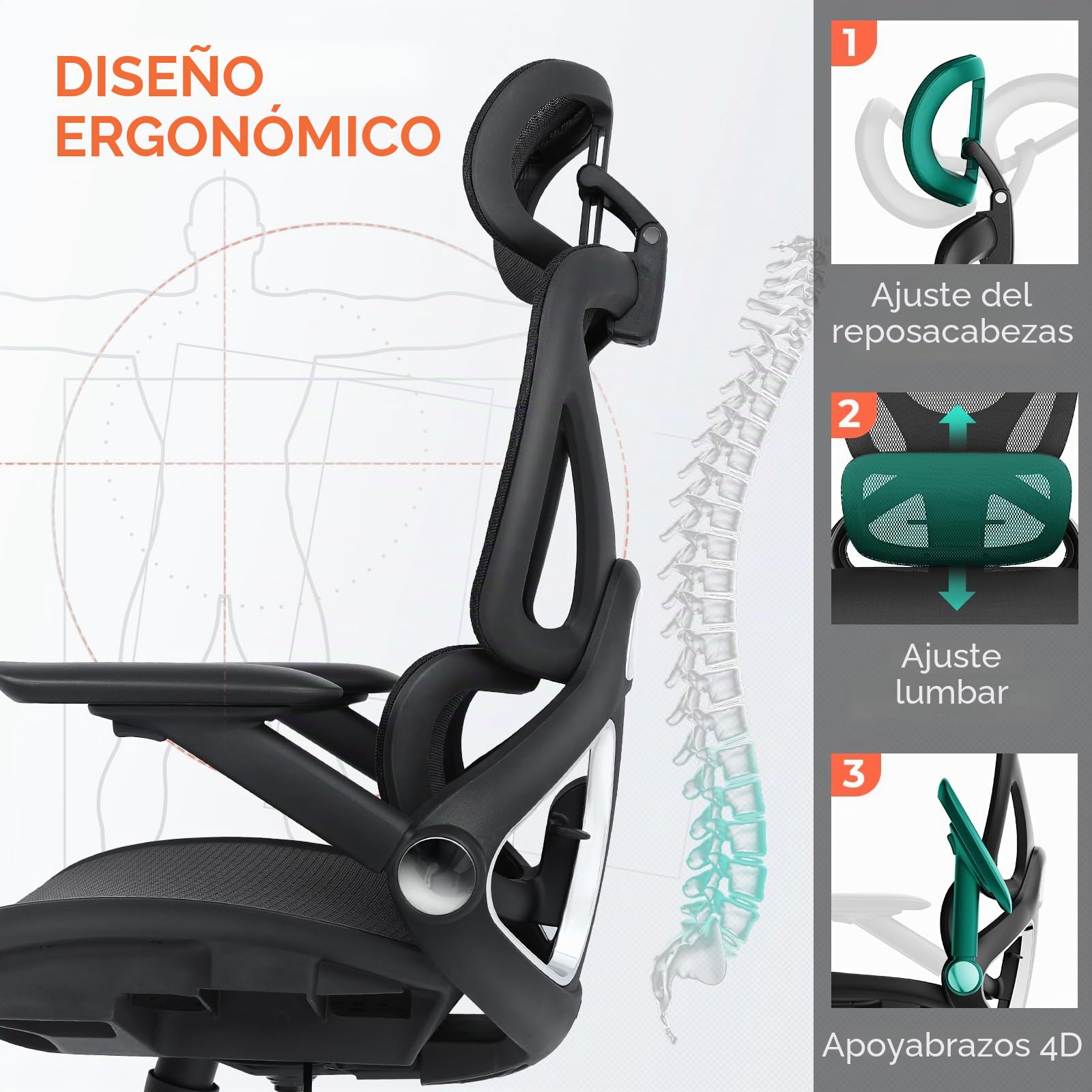 CAPOT Silla de oficina ergonómica de malla, silla de escritorio lumbar ajustable con respaldo alto, 400 libras, brazos abatibles 4D, respaldo de 3 inclinaciones, reposacabezas 3D, ruedas de