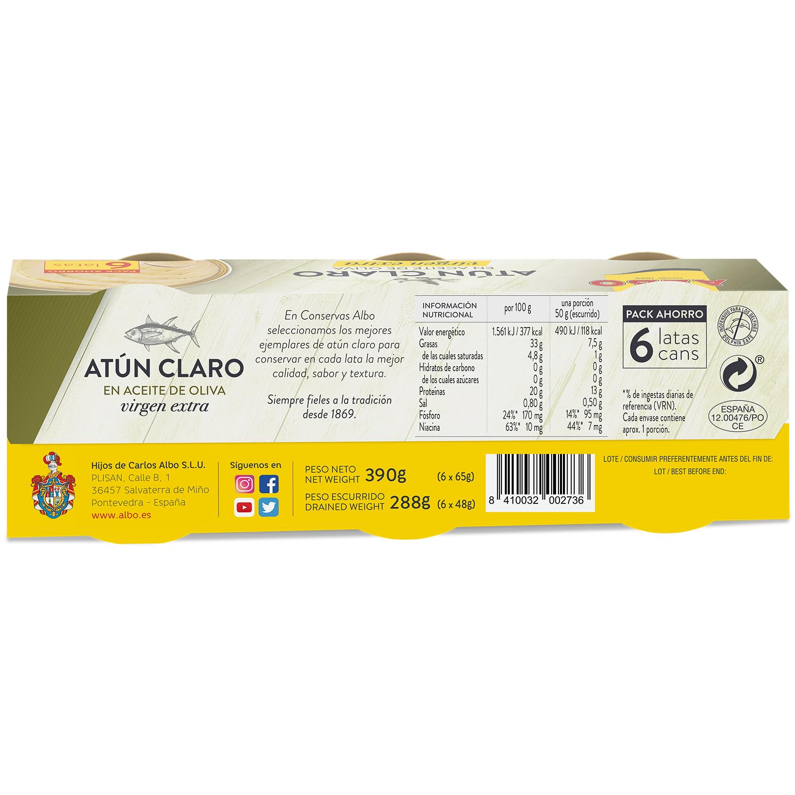 Albo Atún Claro en Aceite de Oliva Virgen Extra, 6 x 48g