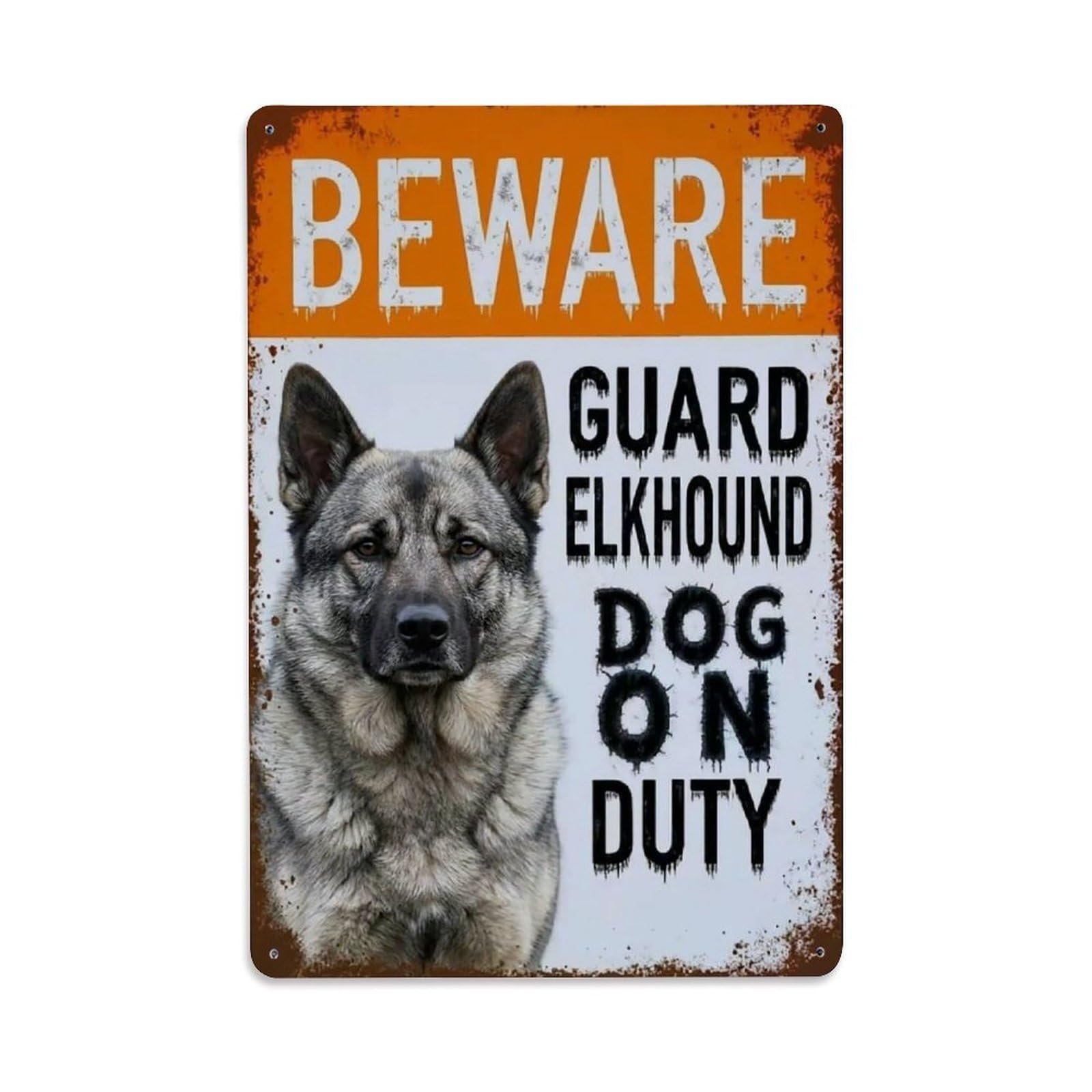 Vintage Funny Elkhound Guard Beware of Dog Foyer Metal Tin Sign Plaque Wall Decor for Cafe, Club Bar, Office, Garden Metal Poster 8x12Inch