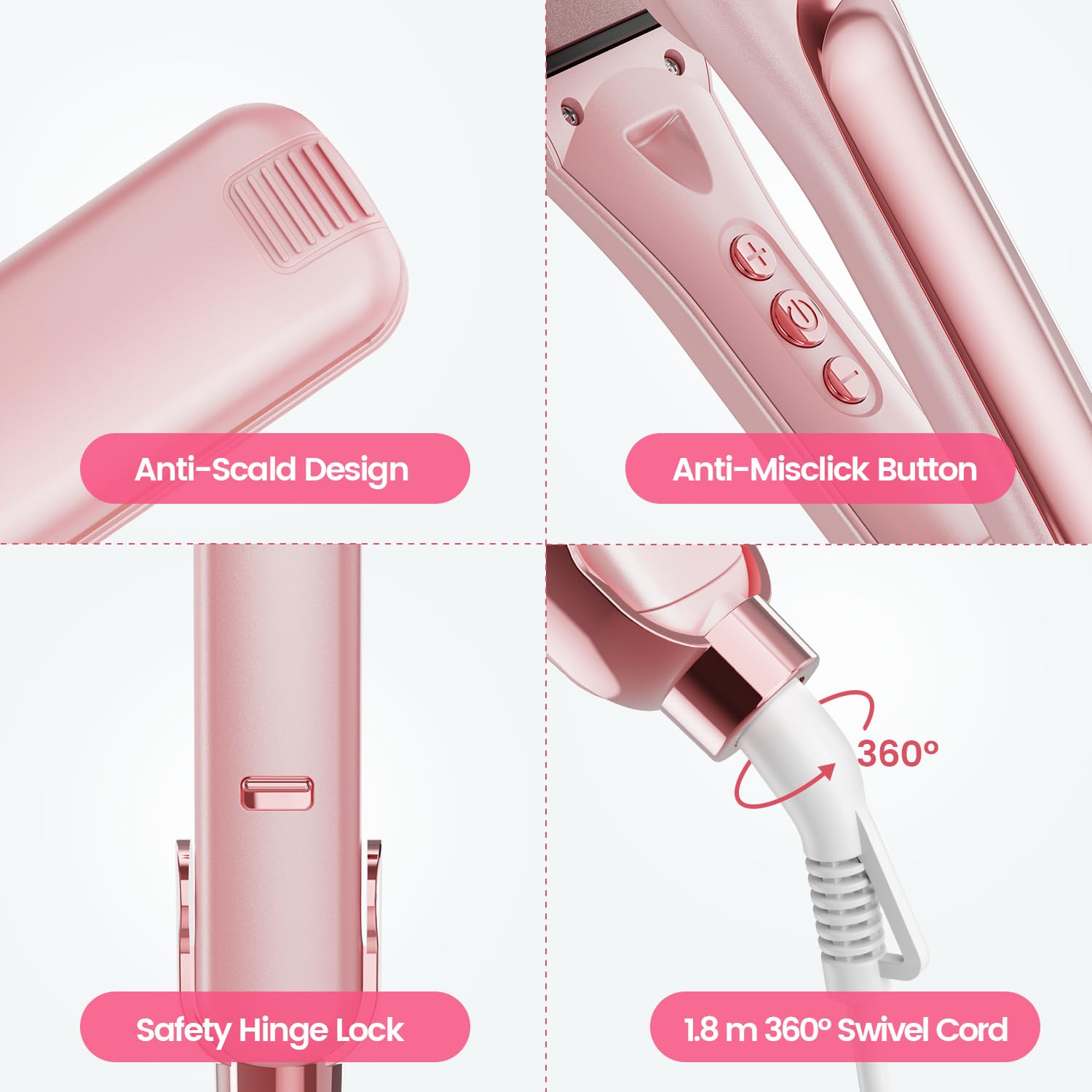 Dekuri planchas del pelo, plancha de pelo de 42 mm, plancha de cerámica sin fricción a base de agua para un cabello sedoso y suave, planchas de pelo profesional para mujeres, 120°C-230°C, Rosa
