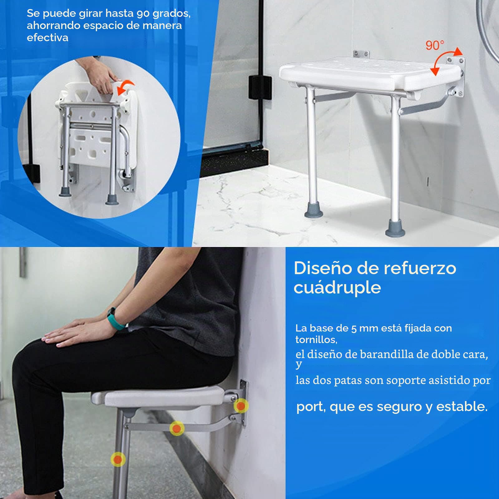 Silla Ducha Plegable,Asiento Ducha Montado Pared Taburete Baño,Silla Antideslizante Plegable Cuarto Baño Taburete Ducha Hogar,Mayor/Embarazado/Discapacitado,carga Máxima De 200Kg,silla de ducha