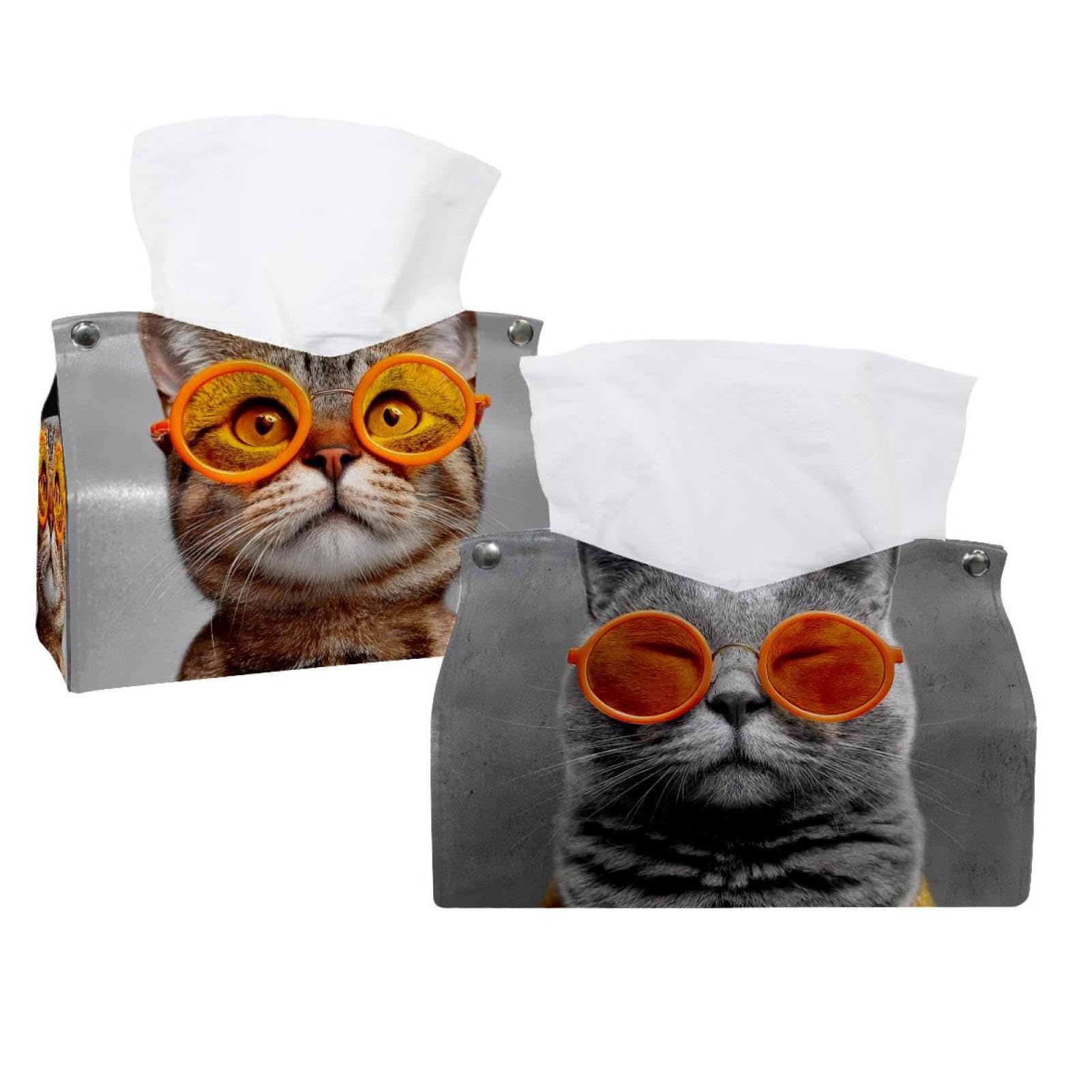Boîte à mouchoirs ronde en cuir chat à lunettes : lot de 2 distributeurs élégants