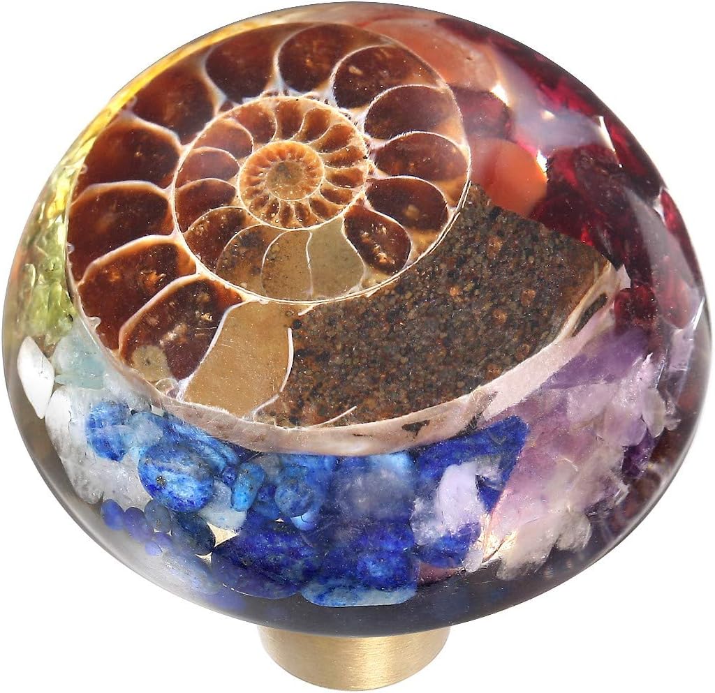 Rockcloud Pack of 2 Ammonite Fossil Colorful Chakra Stones Resin Crystal Drawer Knobs Pull Handle Cupboard Dresser Door Pull with Screws Home Decoration